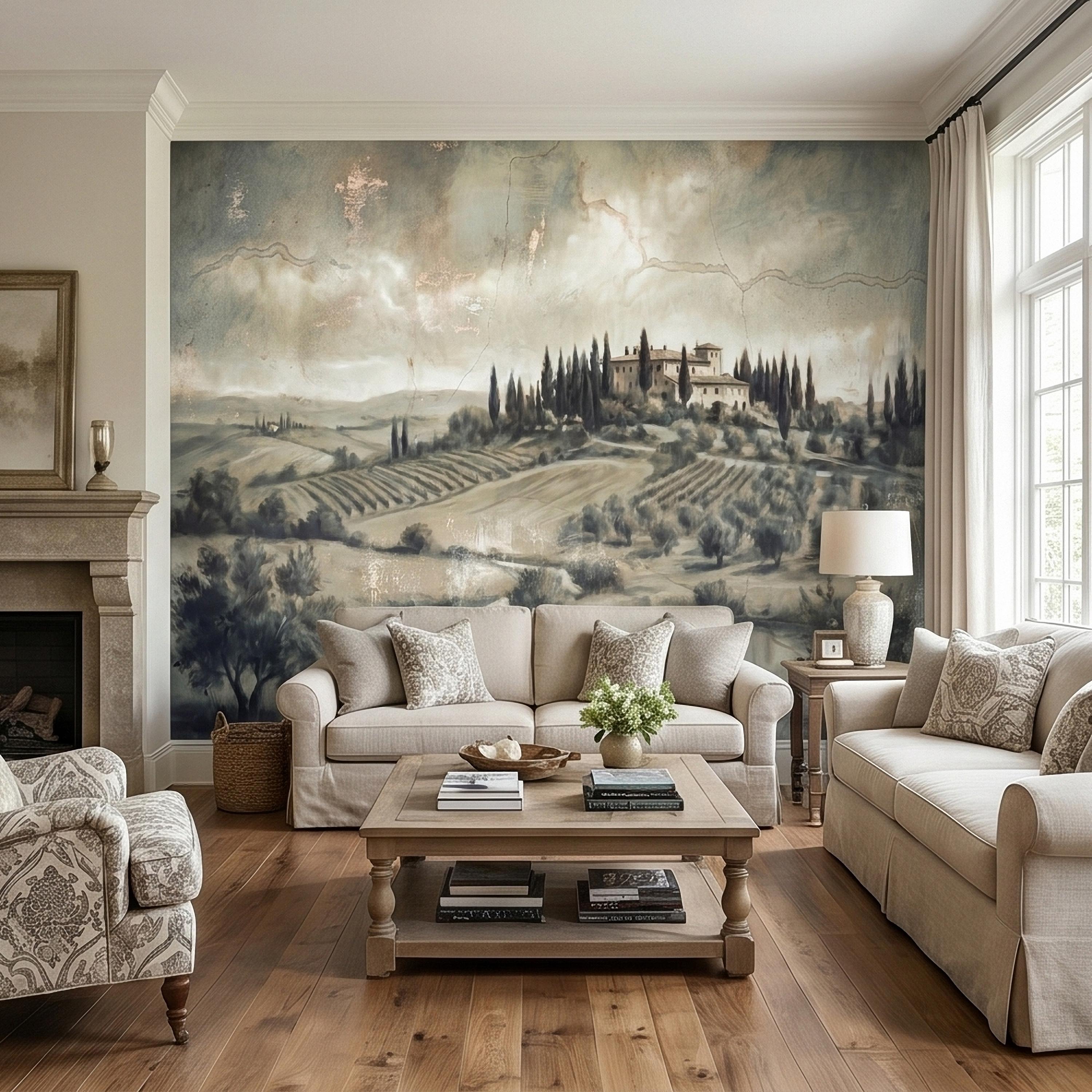 Vintage Tuscan Landscape Peel and Stick Wall Mural, Antique Fresco Italian Villa & Cypress Trees, Misty Countryside Scenic Wallpaper