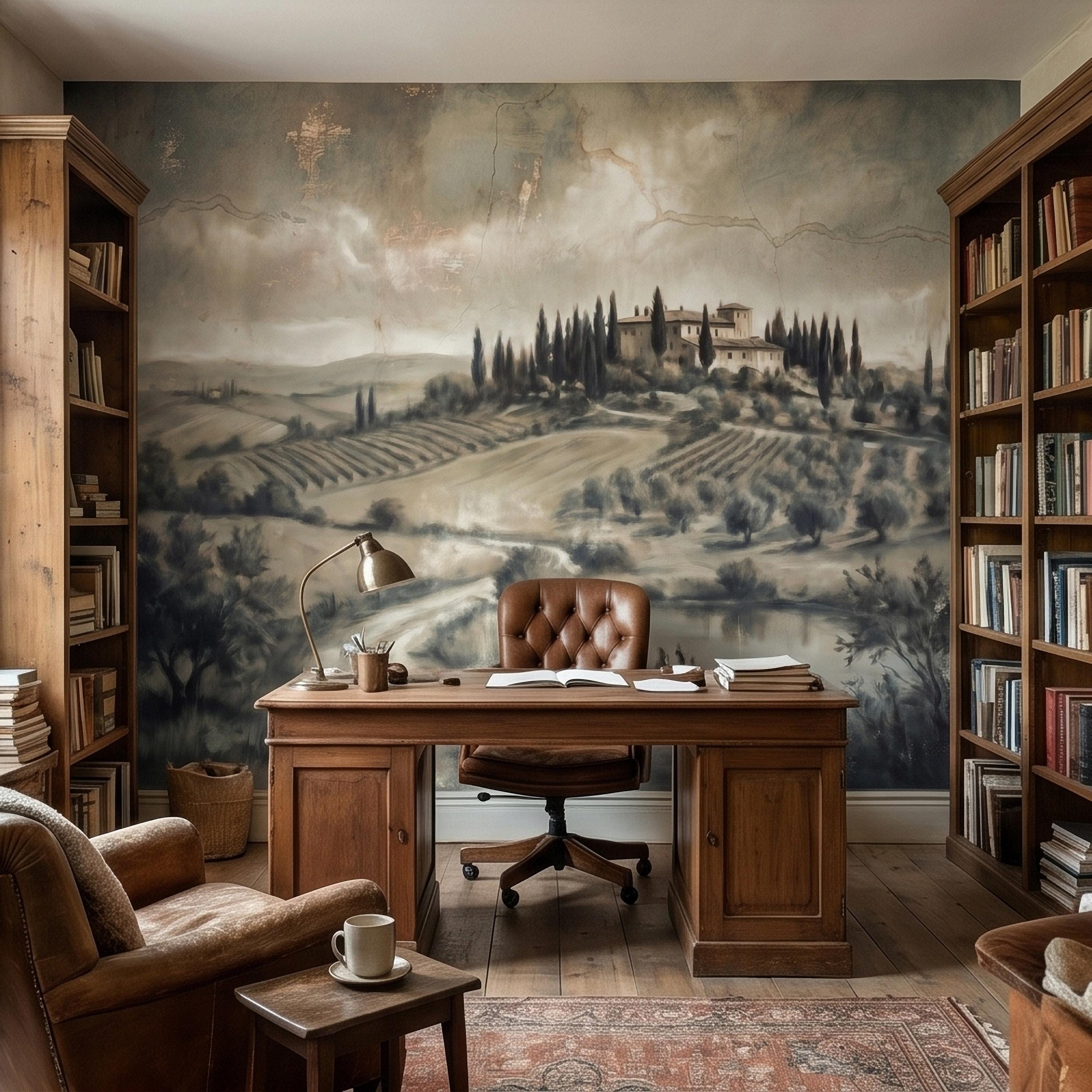 Vintage Tuscan Landscape Peel and Stick Wall Mural, Antique Fresco Italian Villa & Cypress Trees, Misty Countryside Scenic Wallpaper