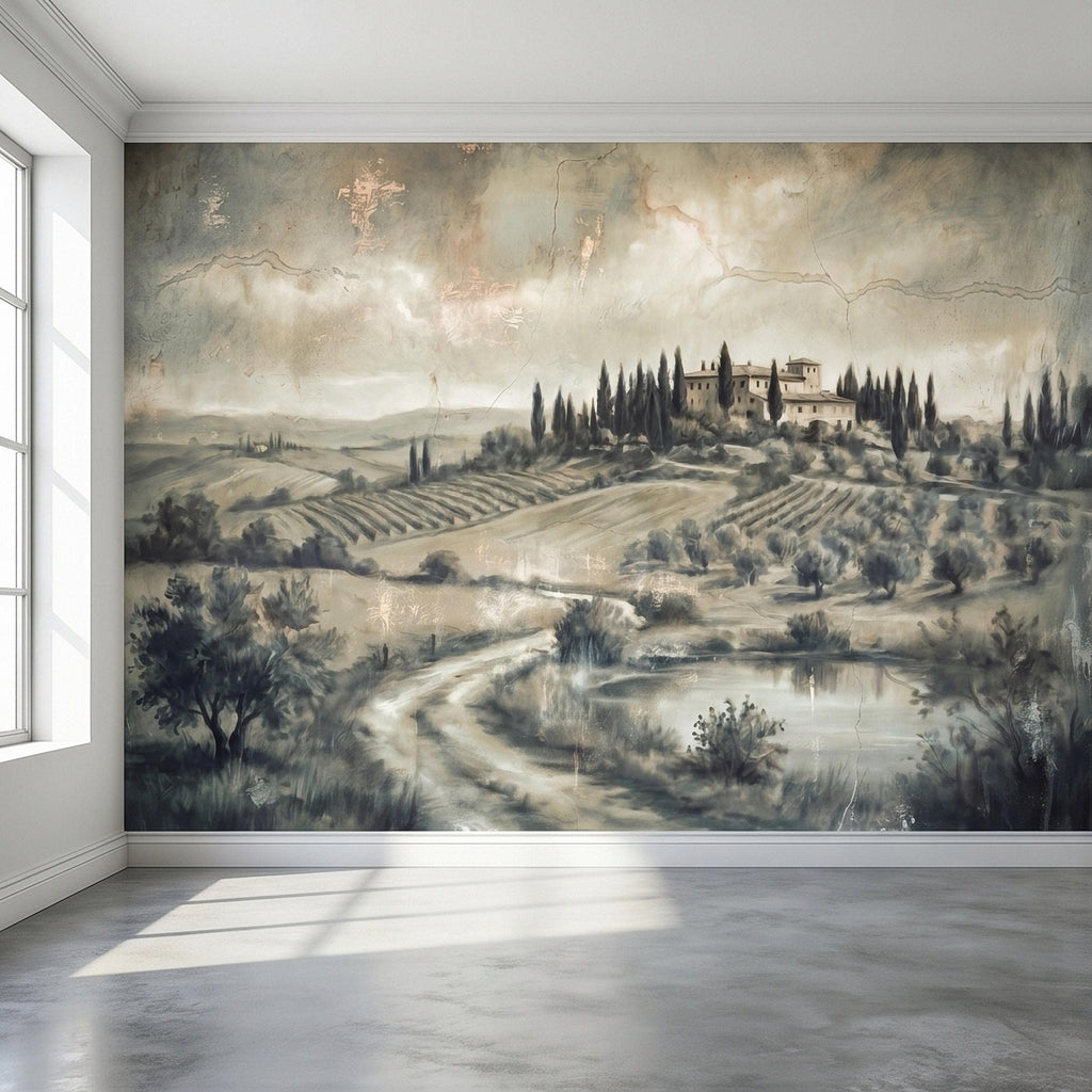 Vintage Tuscan Landscape Peel and Stick Wall Mural, Antique Fresco Italian Villa & Cypress Trees, Misty Countryside Scenic Wallpaper