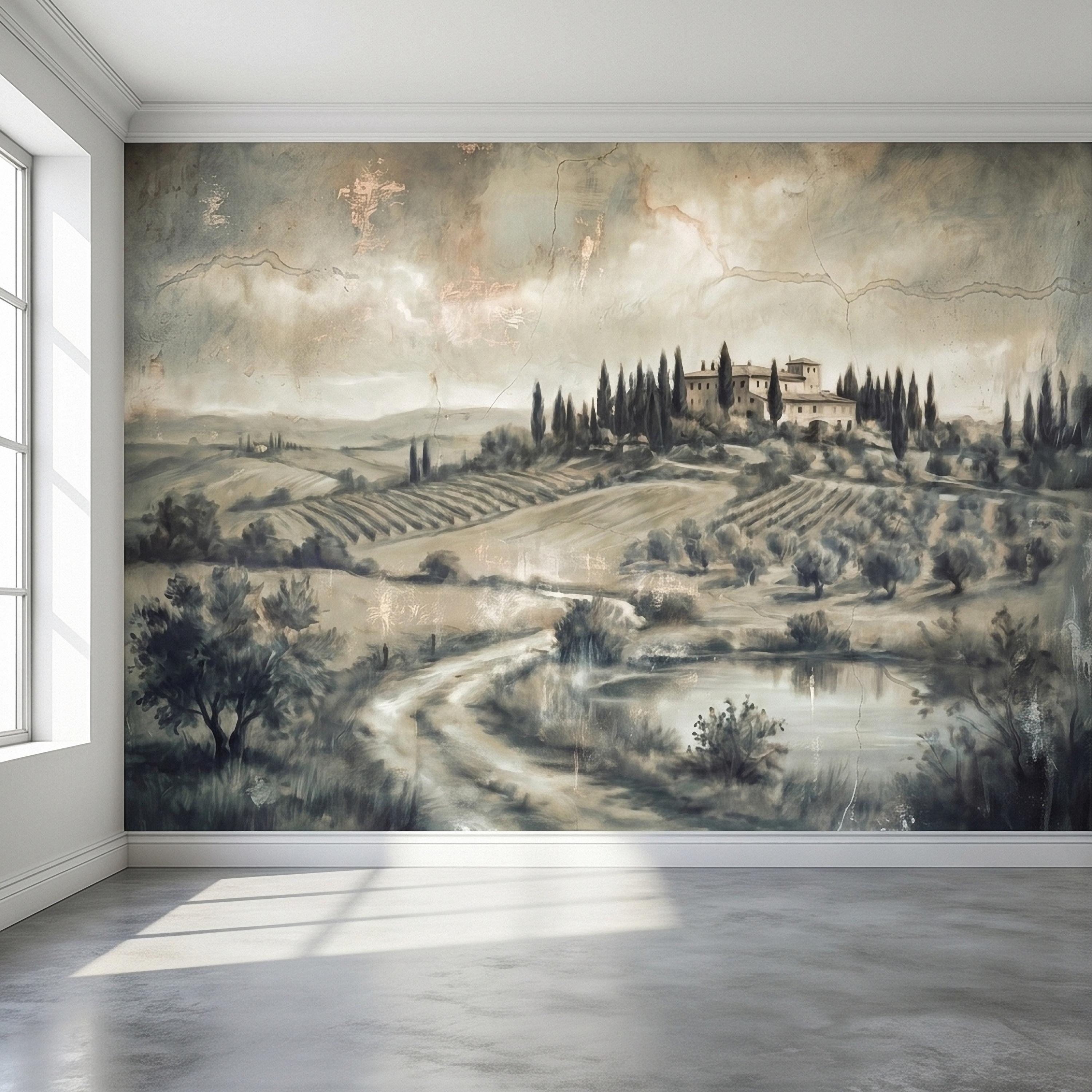 Vintage Tuscan Landscape Peel and Stick Wall Mural, Antique Fresco Italian Villa & Cypress Trees, Misty Countryside Scenic Wallpaper