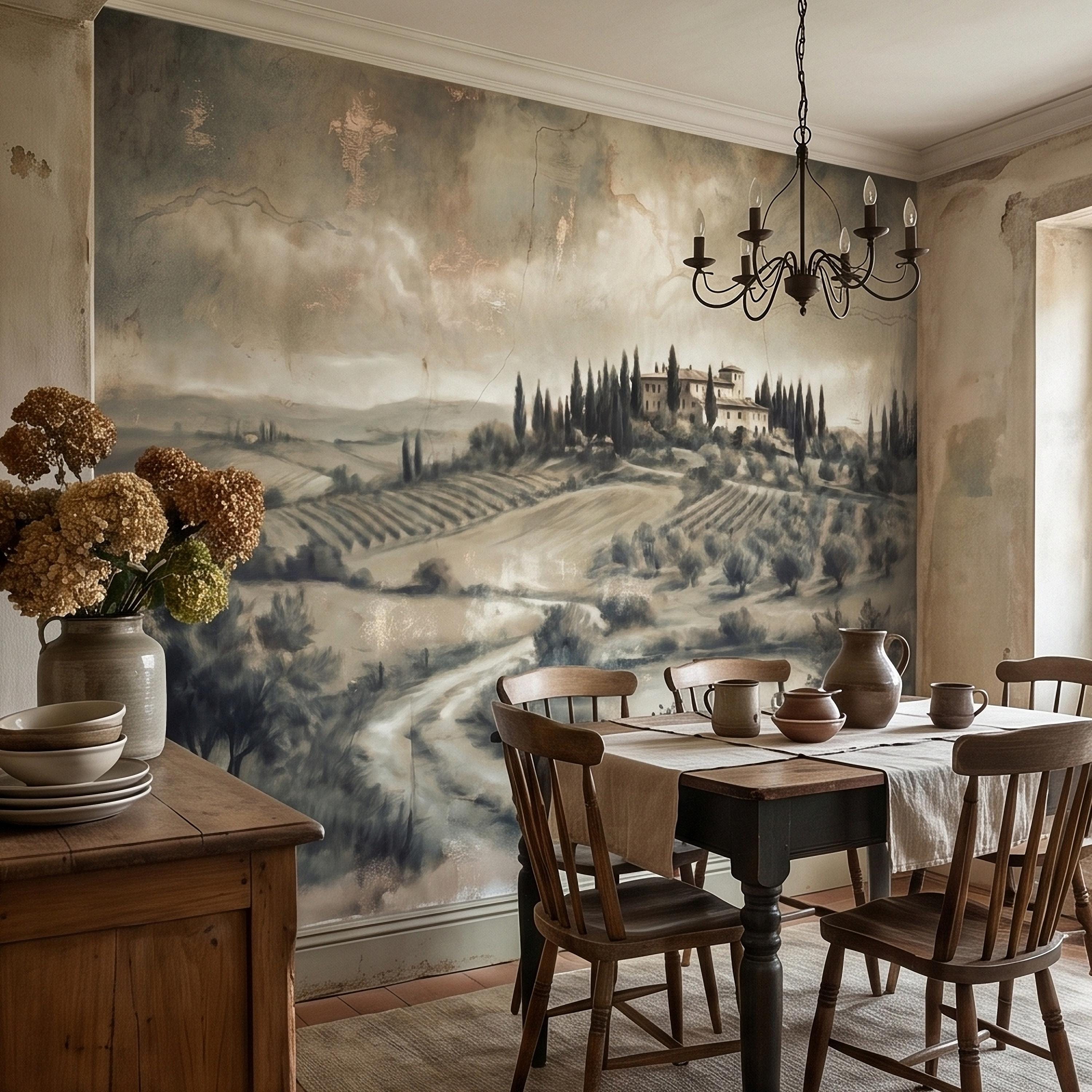 Vintage Tuscan Landscape Peel and Stick Wall Mural, Antique Fresco Italian Villa & Cypress Trees, Misty Countryside Scenic Wallpaper