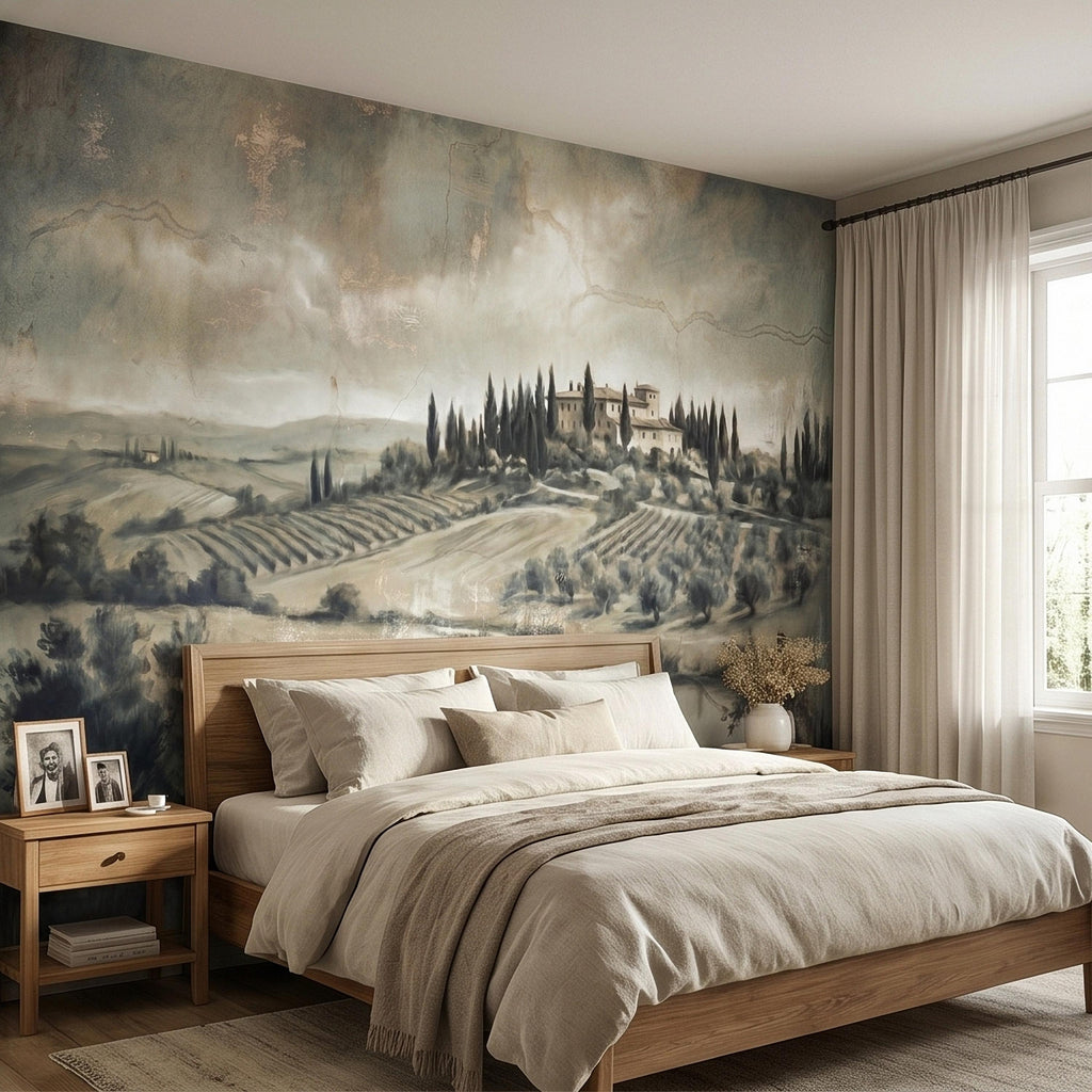 Vintage Tuscan Landscape Peel and Stick Wall Mural, Antique Fresco Italian Villa & Cypress Trees, Misty Countryside Scenic Wallpaper