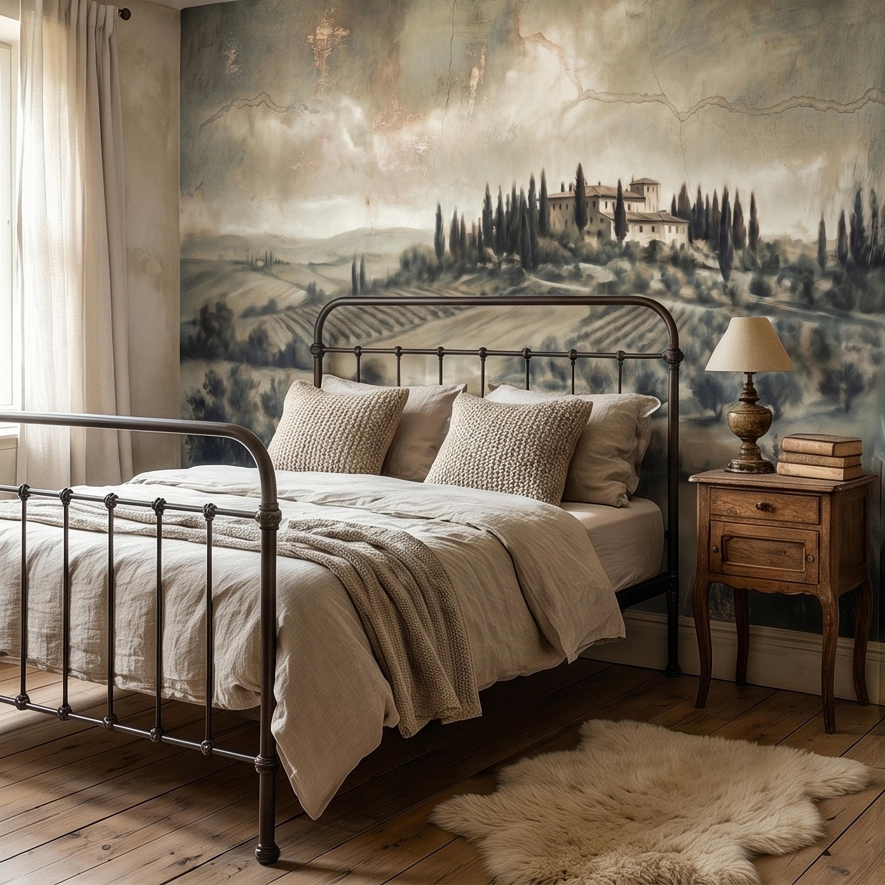 Vintage Tuscan Landscape Peel and Stick Wall Mural, Antique Fresco Italian Villa & Cypress Trees, Misty Countryside Scenic Wallpaper