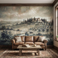 Vintage Tuscan Landscape Peel and Stick Wall Mural, Antique Fresco Italian Villa & Cypress Trees, Misty Countryside Scenic Wallpaper
