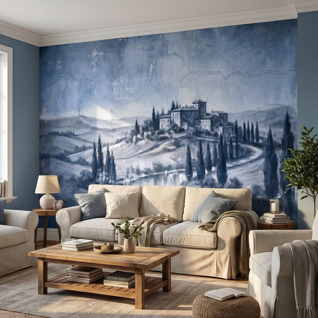 Blue Grey Tuscan Villa Peel and Stick Wall Mural, Misty Italian Countryside Fresco Landscape with Cypress Trees, Old World Antique Wallpaper