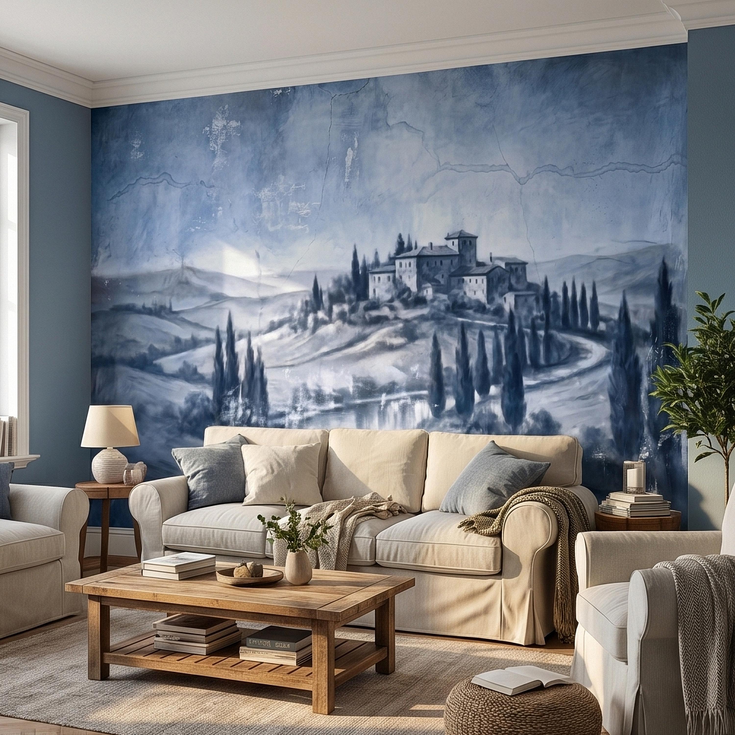 Blue Grey Tuscan Villa Peel and Stick Wall Mural, Misty Italian Countryside Fresco Landscape with Cypress Trees, Old World Antique Wallpaper
