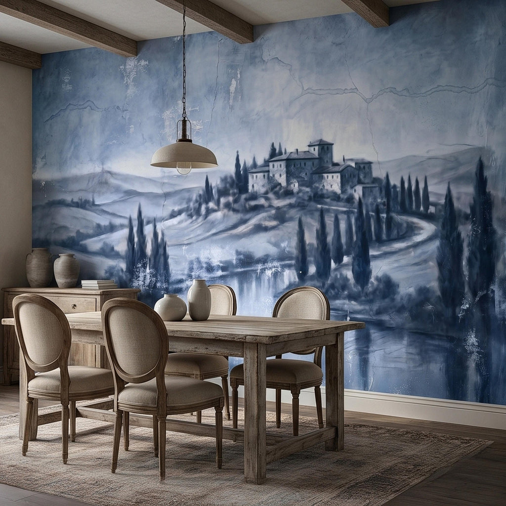Blue Grey Tuscan Villa Peel and Stick Wall Mural, Misty Italian Countryside Fresco Landscape with Cypress Trees, Old World Antique Wallpaper