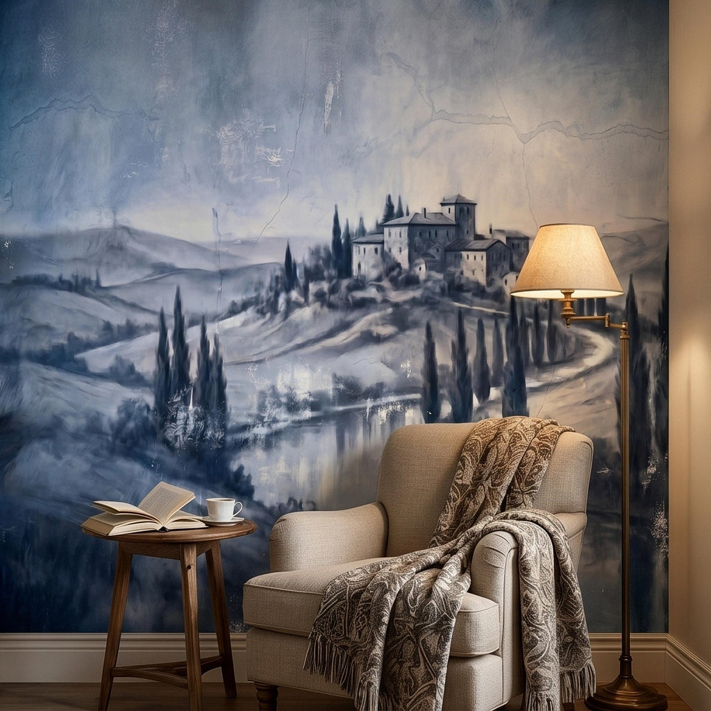 Blue Grey Tuscan Villa Peel and Stick Wall Mural, Misty Italian Countryside Fresco Landscape with Cypress Trees, Old World Antique Wallpaper
