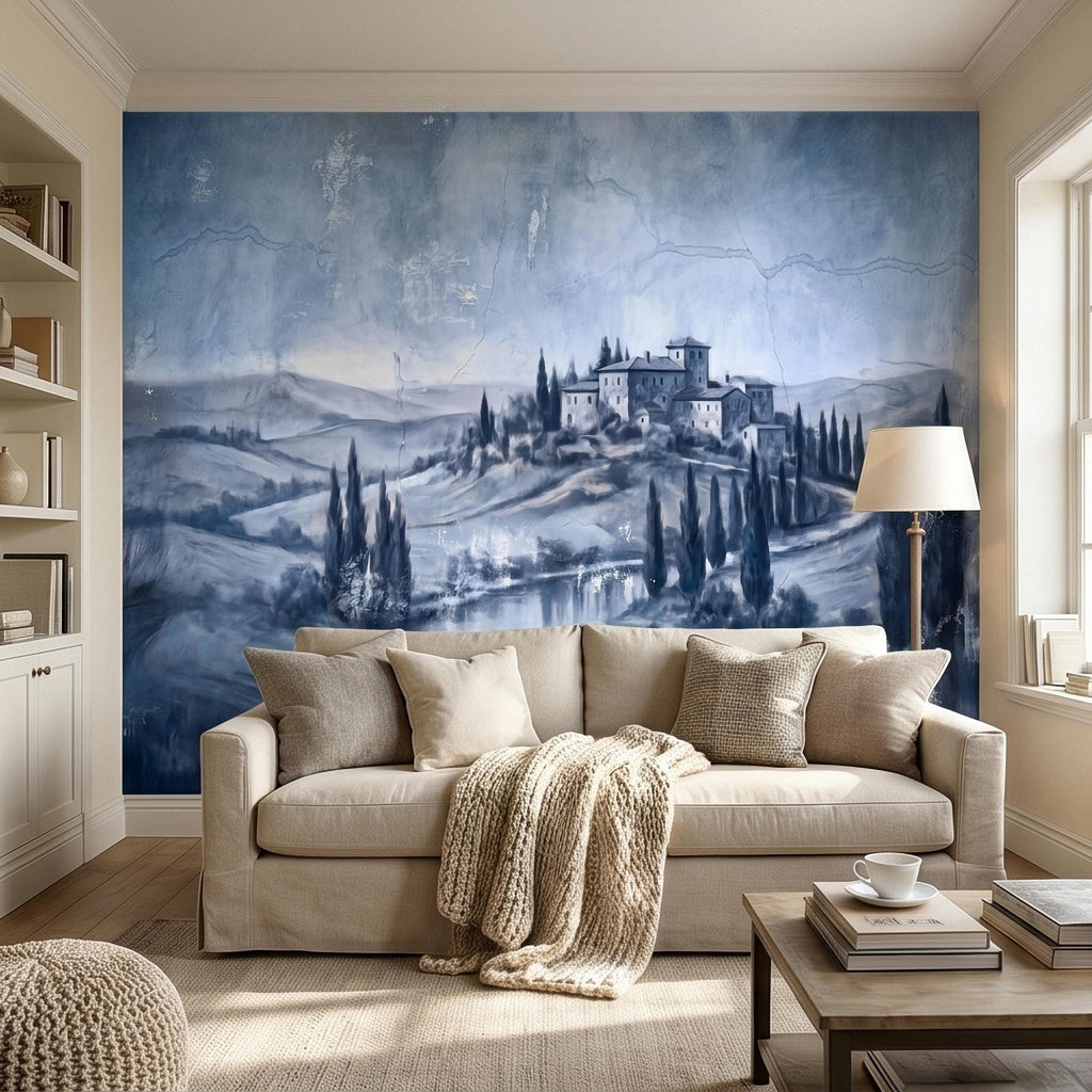 Blue Grey Tuscan Villa Peel and Stick Wall Mural, Misty Italian Countryside Fresco Landscape with Cypress Trees, Old World Antique Wallpaper