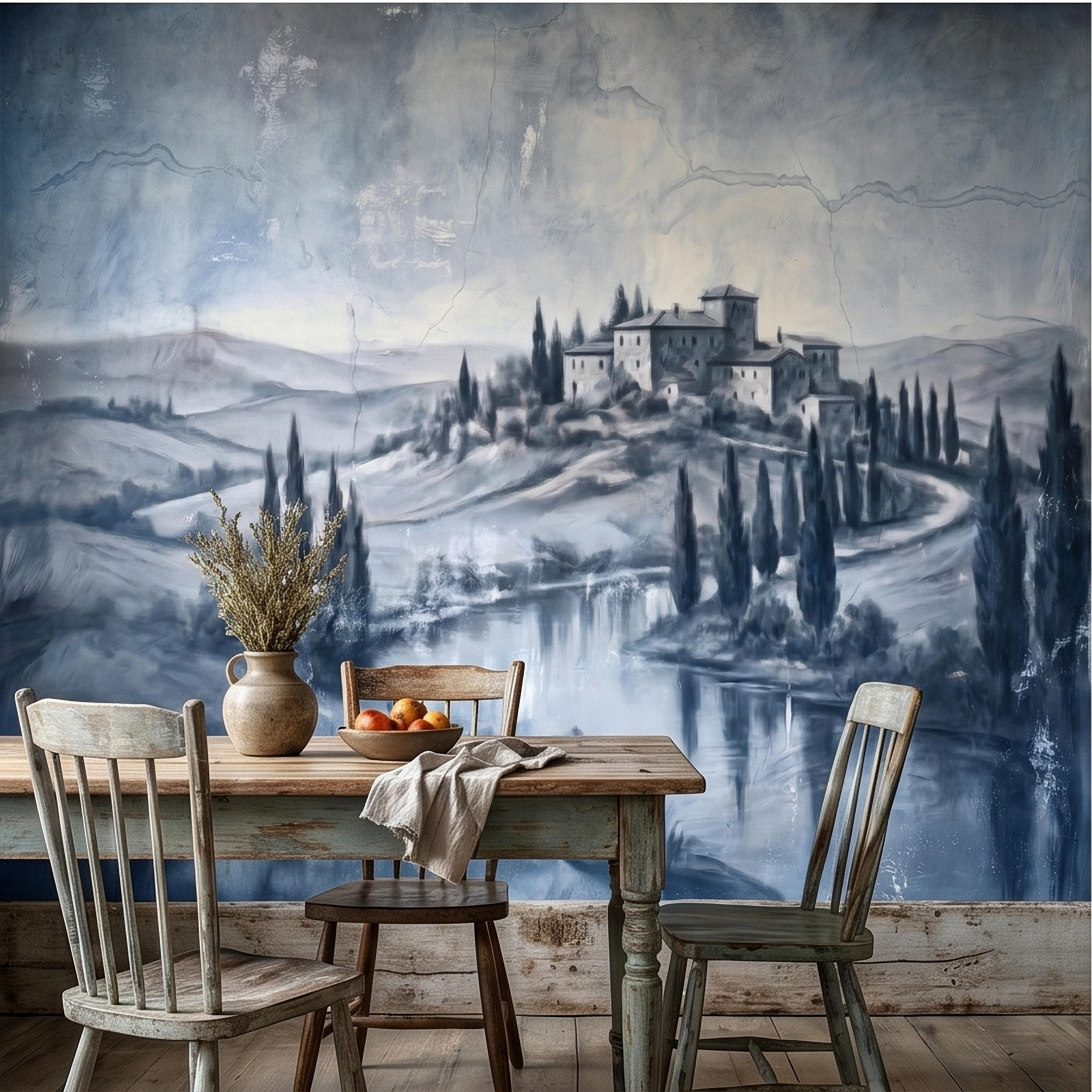 Blue Grey Tuscan Villa Peel and Stick Wall Mural, Misty Italian Countryside Fresco Landscape with Cypress Trees, Old World Antique Wallpaper