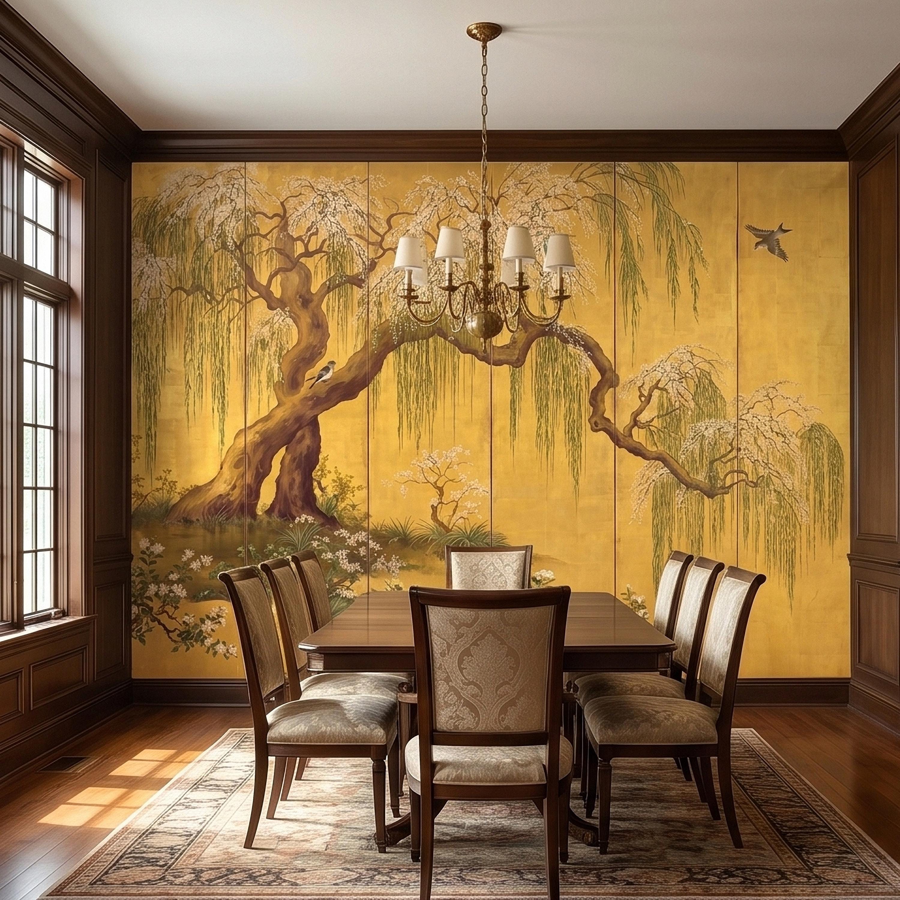 Willow Tree and Cherry Blossoms Peel and Stick Wall Mural, Vintage Asian Birds Landscape, Traditional Byobu Style Art Wallpaper