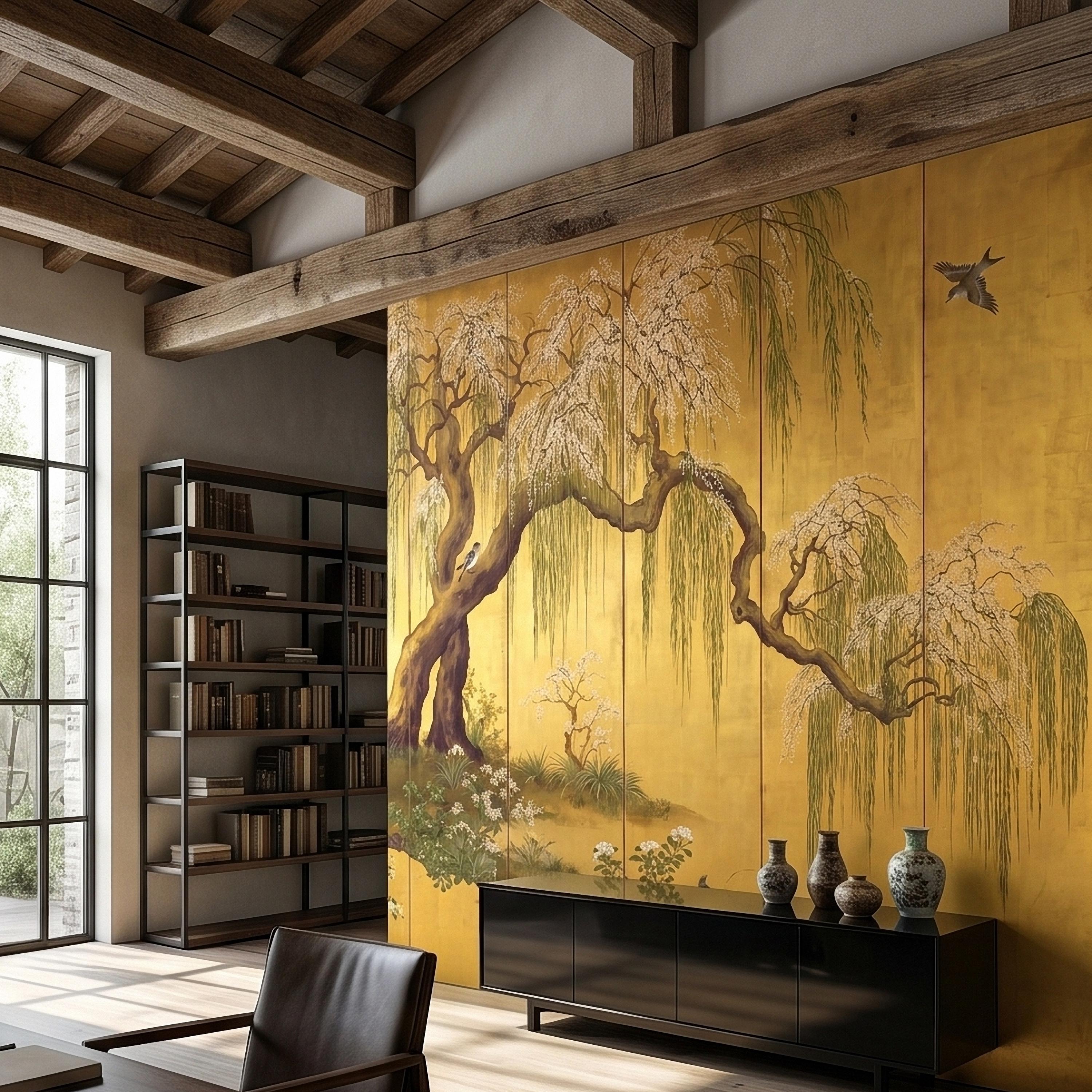 Willow Tree and Cherry Blossoms Peel and Stick Wall Mural, Vintage Asian Birds Landscape, Traditional Byobu Style Art Wallpaper