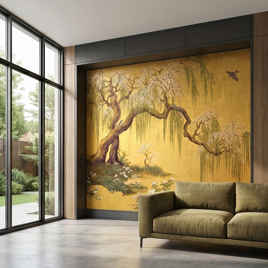 Willow Tree and Cherry Blossoms Peel and Stick Wall Mural, Vintage Asian Birds Landscape, Traditional Byobu Style Art Wallpaper