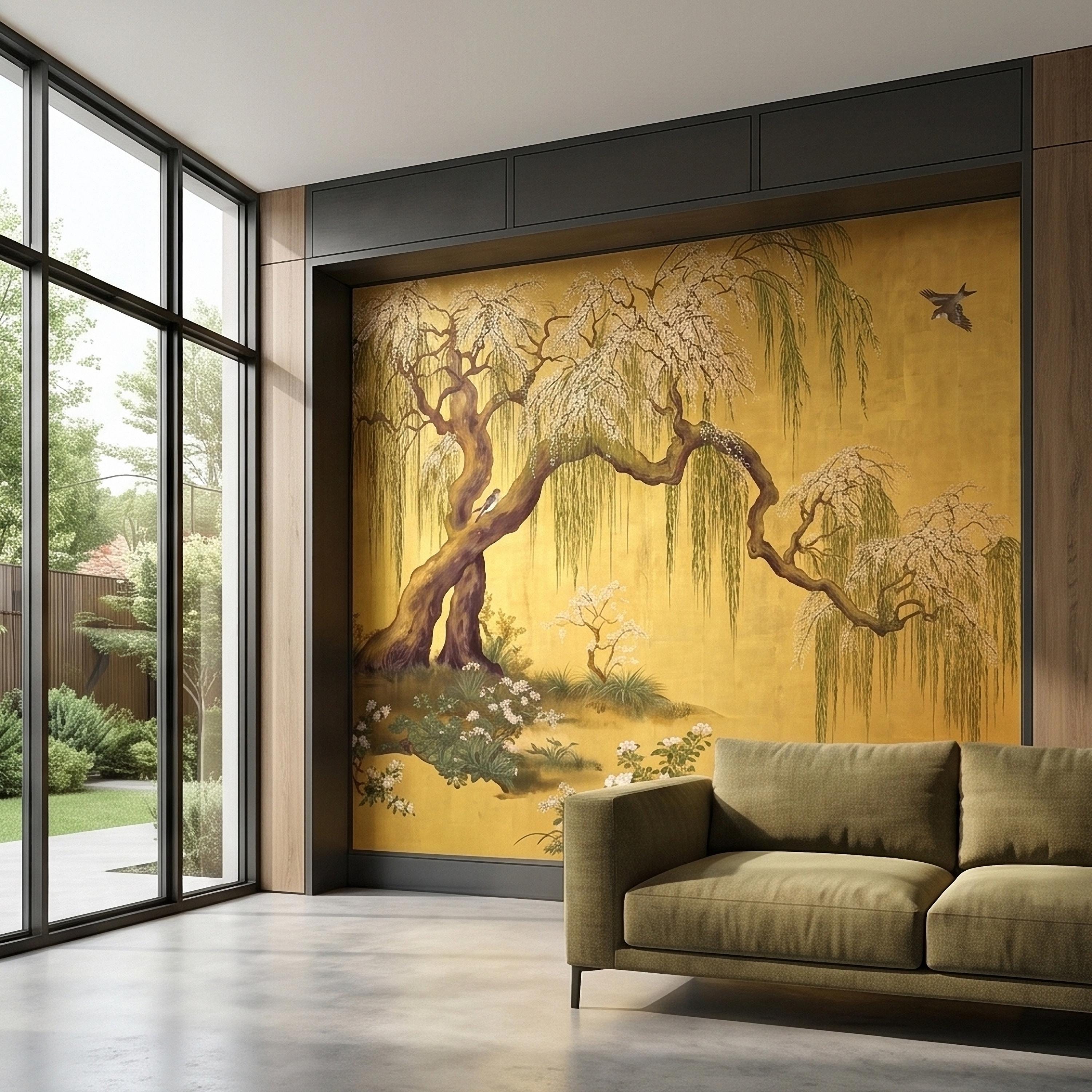 Willow Tree and Cherry Blossoms Peel and Stick Wall Mural, Vintage Asian Birds Landscape, Traditional Byobu Style Art Wallpaper