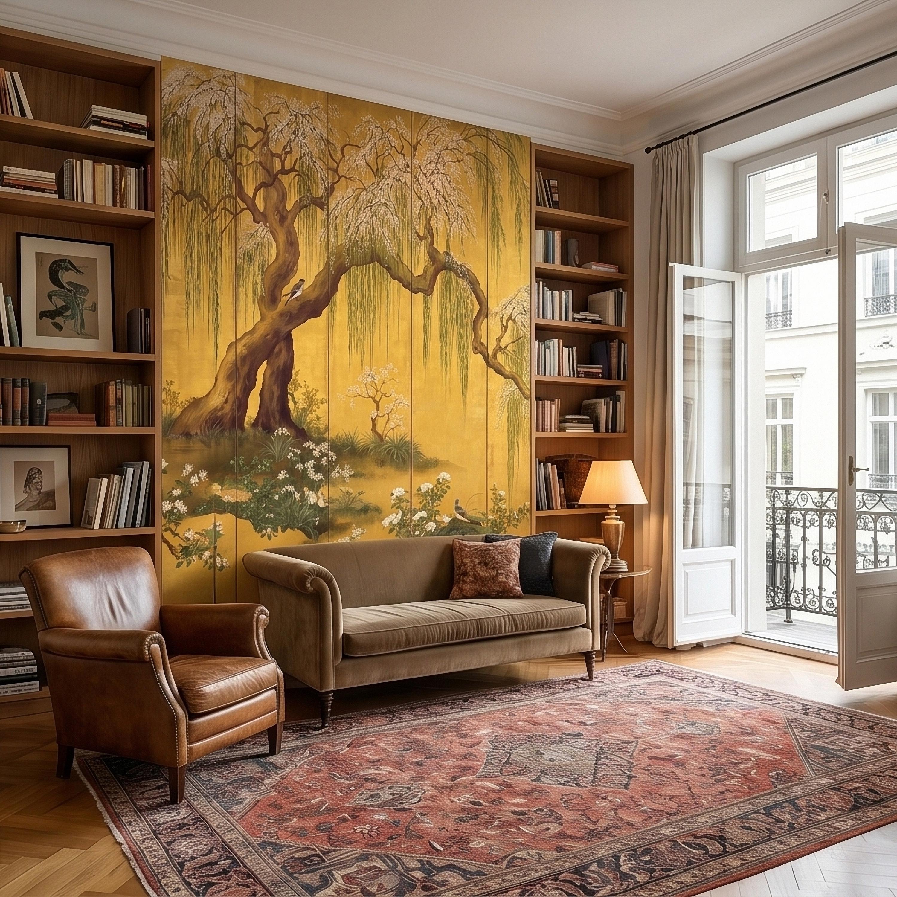 Willow Tree and Cherry Blossoms Peel and Stick Wall Mural, Vintage Asian Birds Landscape, Traditional Byobu Style Art Wallpaper