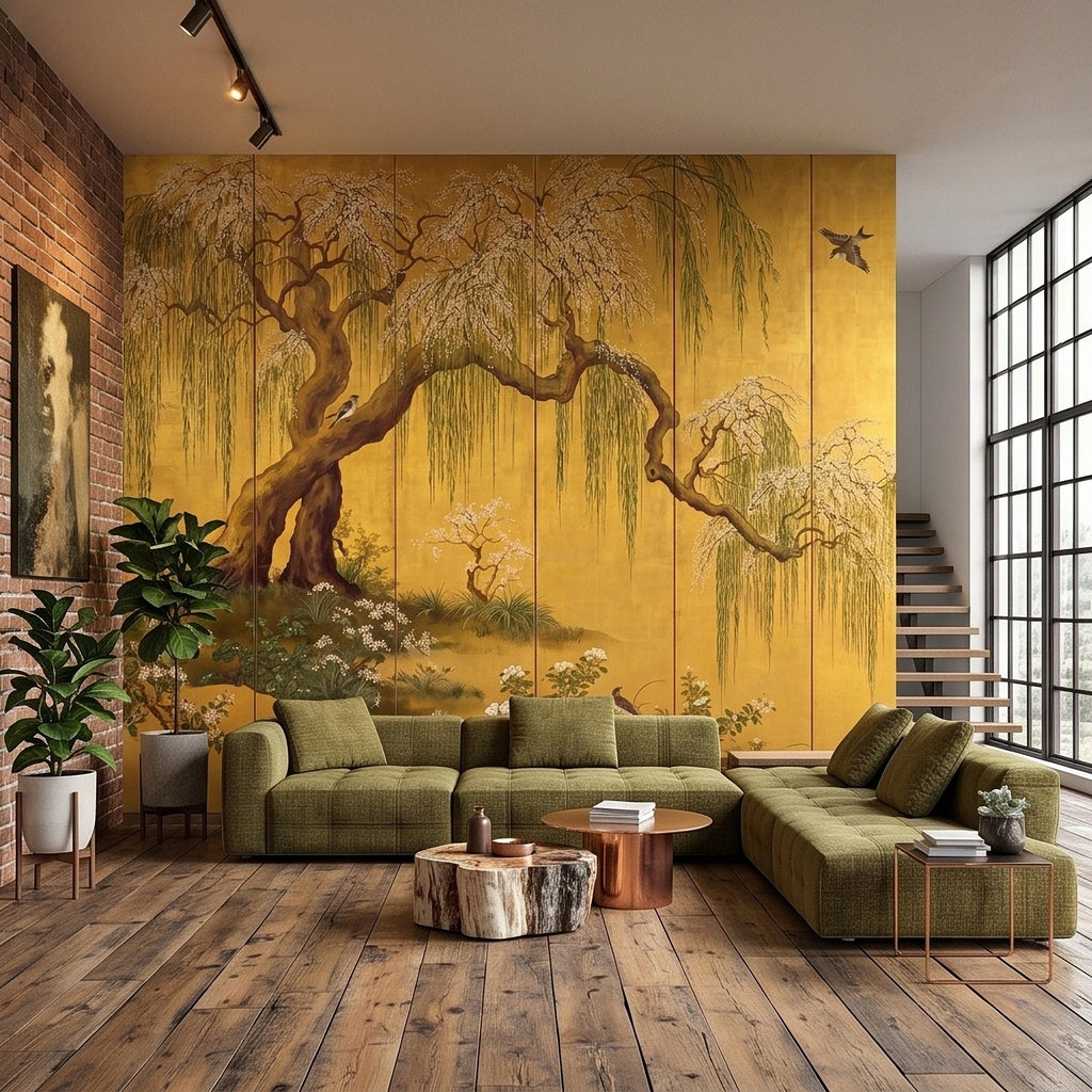 Willow Tree and Cherry Blossoms Peel and Stick Wall Mural, Vintage Asian Birds Landscape, Traditional Byobu Style Art Wallpaper