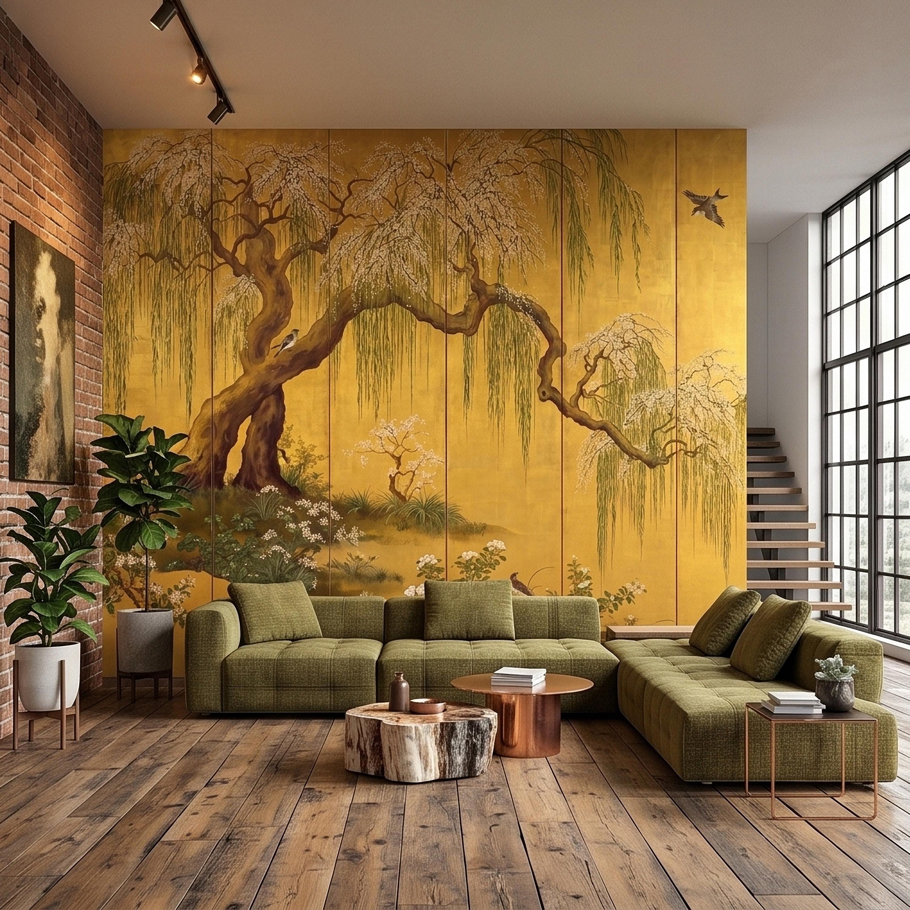 Willow Tree and Cherry Blossoms Peel and Stick Wall Mural, Vintage Asian Birds Landscape, Traditional Byobu Style Art Wallpaper