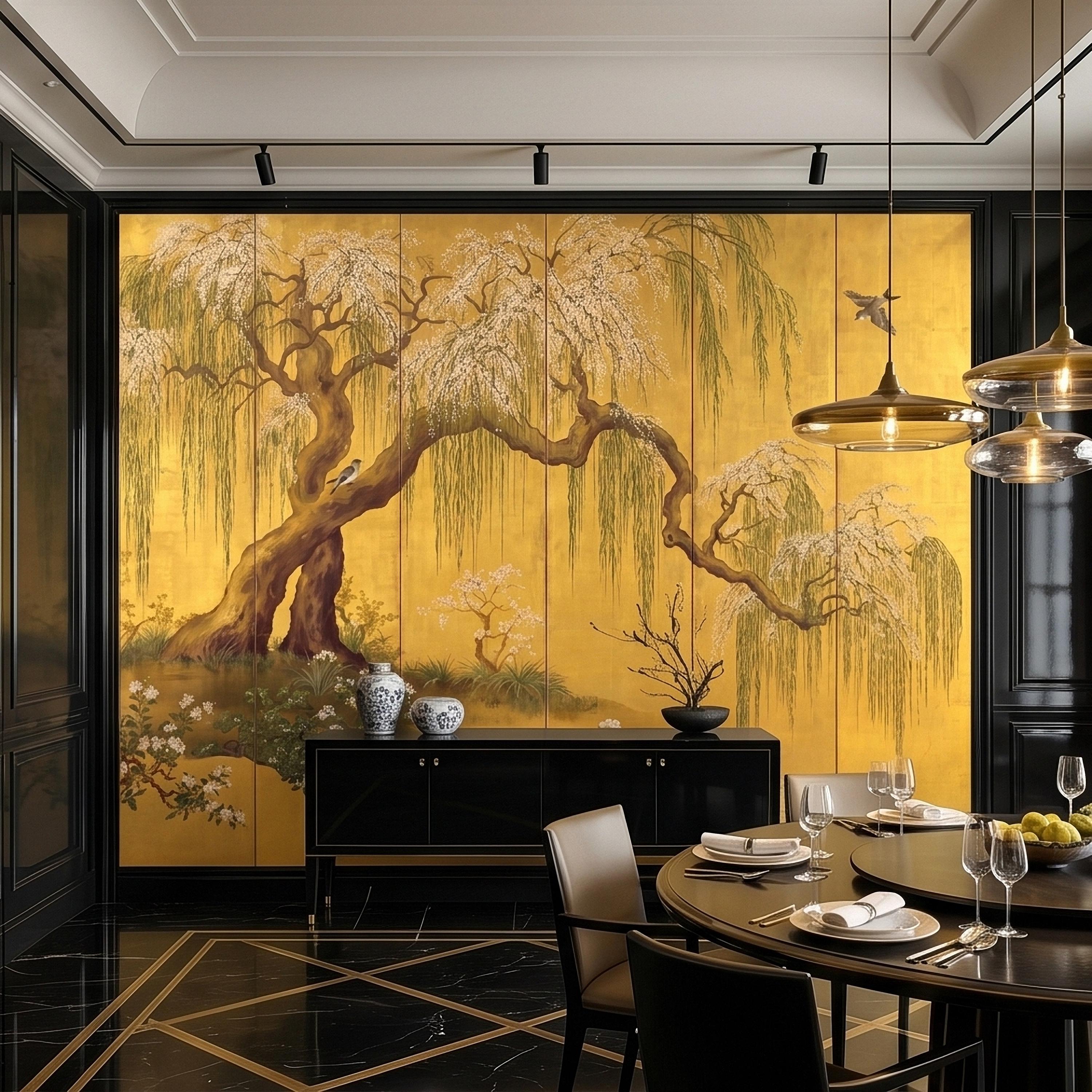 Willow Tree and Cherry Blossoms Peel and Stick Wall Mural, Vintage Asian Birds Landscape, Traditional Byobu Style Art Wallpaper