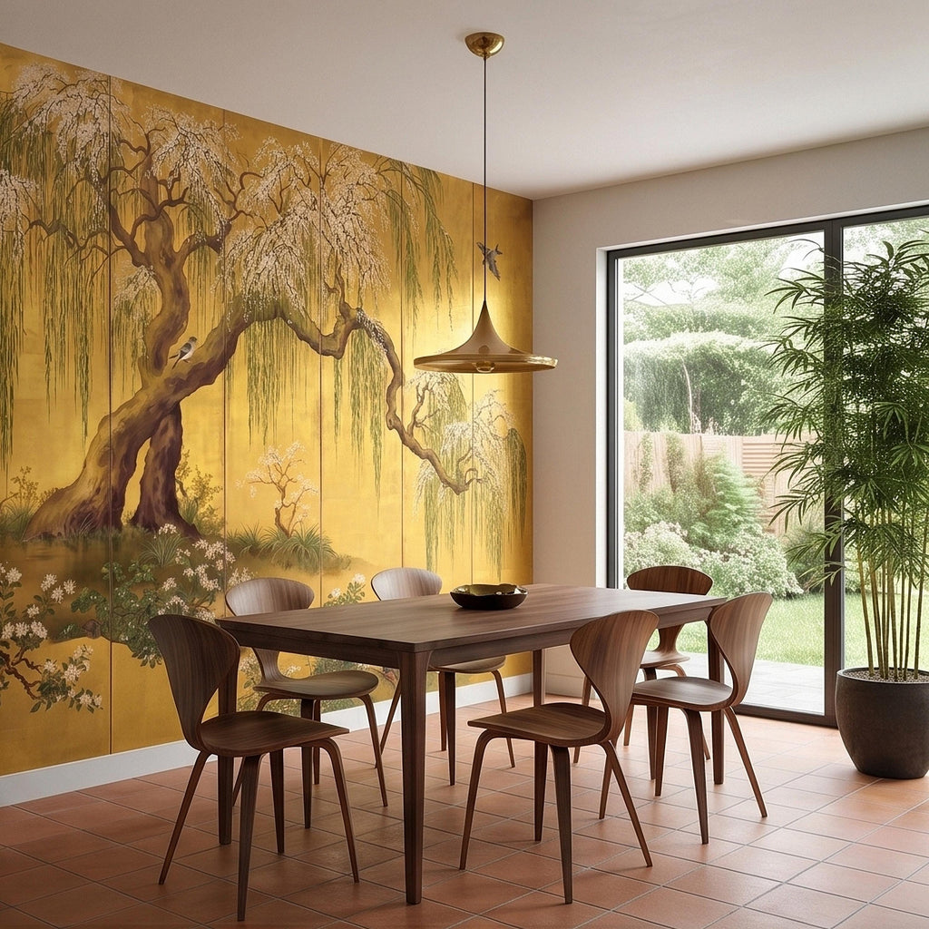 Willow Tree and Cherry Blossoms Peel and Stick Wall Mural, Vintage Asian Birds Landscape, Traditional Byobu Style Art Wallpaper