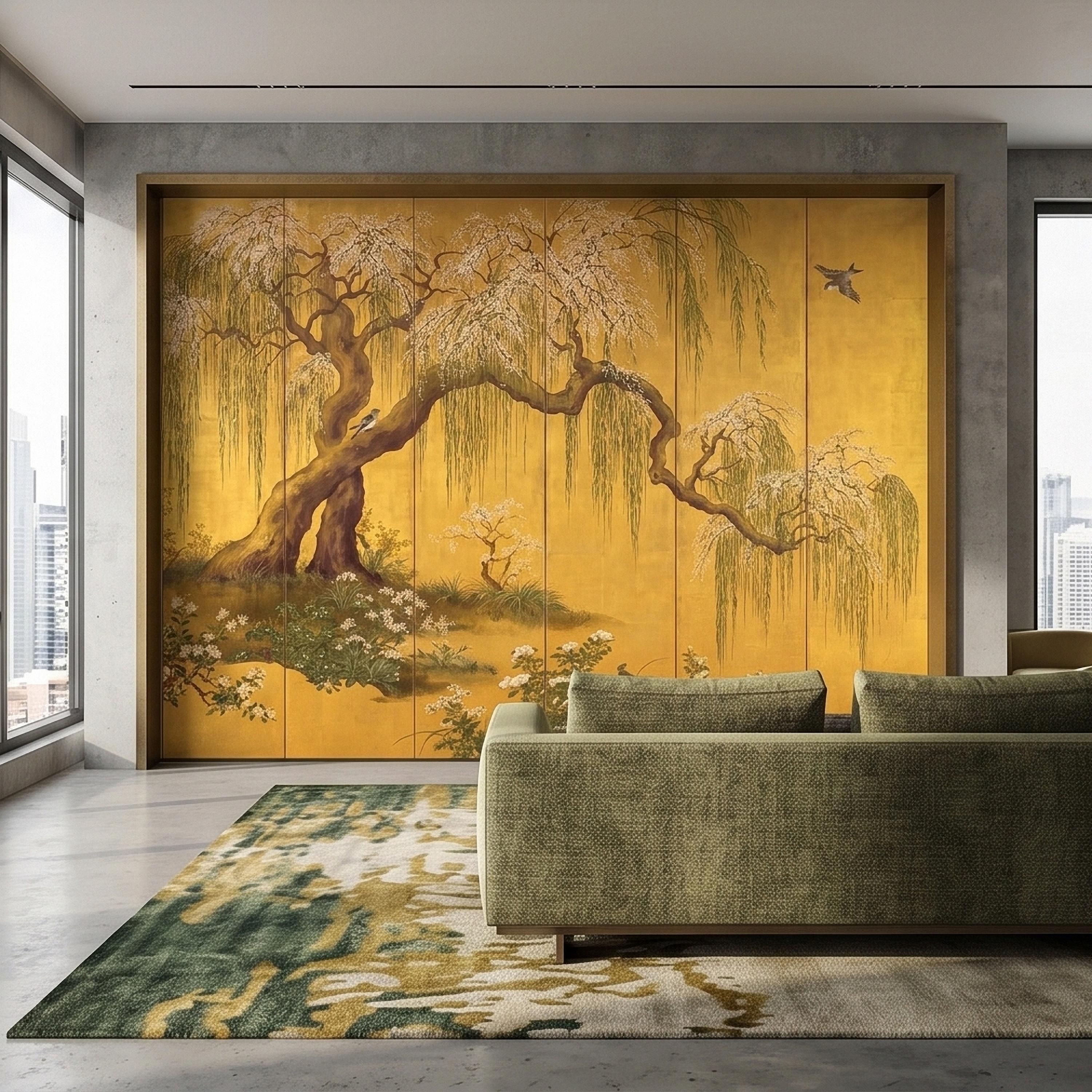 Willow Tree and Cherry Blossoms Peel and Stick Wall Mural, Vintage Asian Birds Landscape, Traditional Byobu Style Art Wallpaper