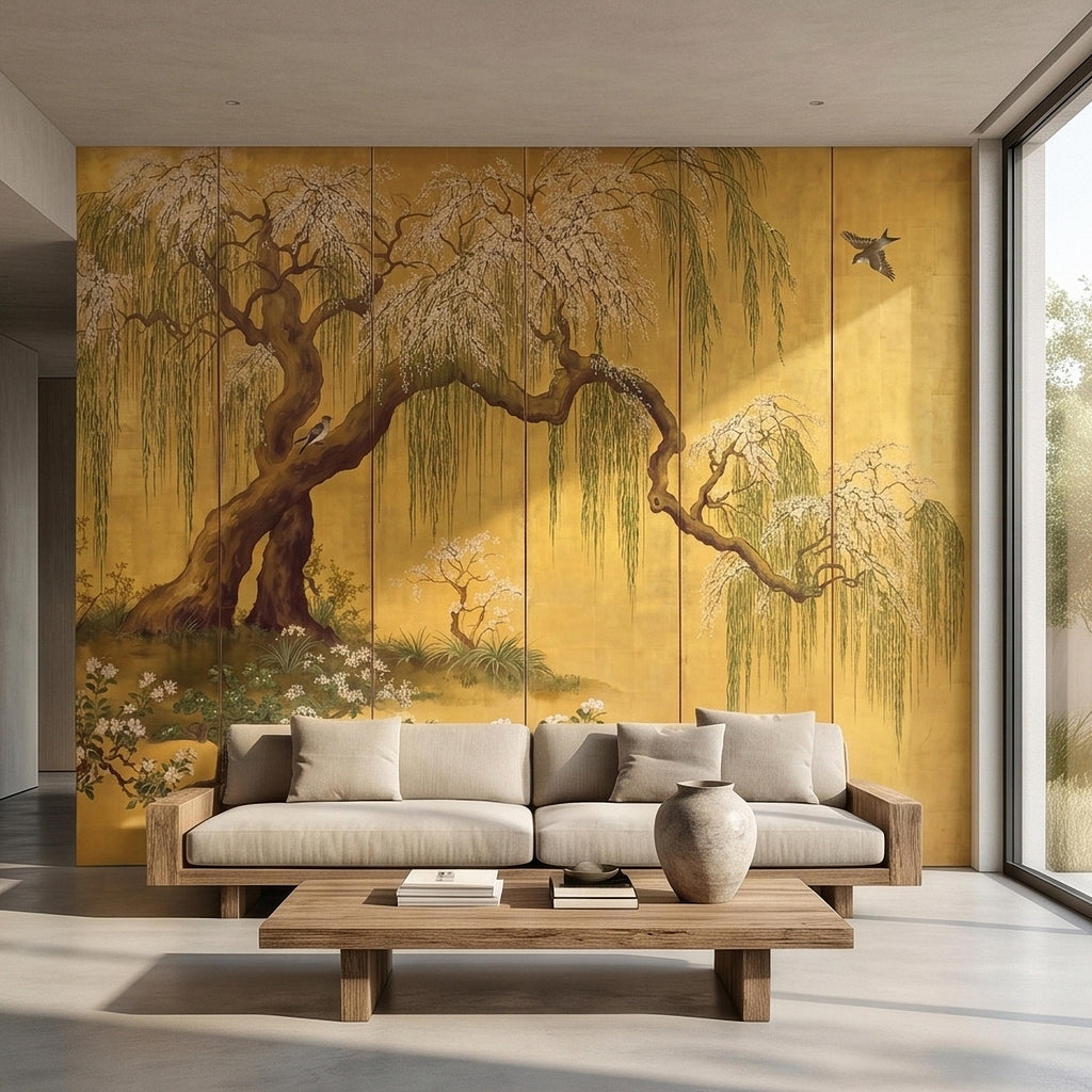 Willow Tree and Cherry Blossoms Peel and Stick Wall Mural, Vintage Asian Birds Landscape, Traditional Byobu Style Art Wallpaper