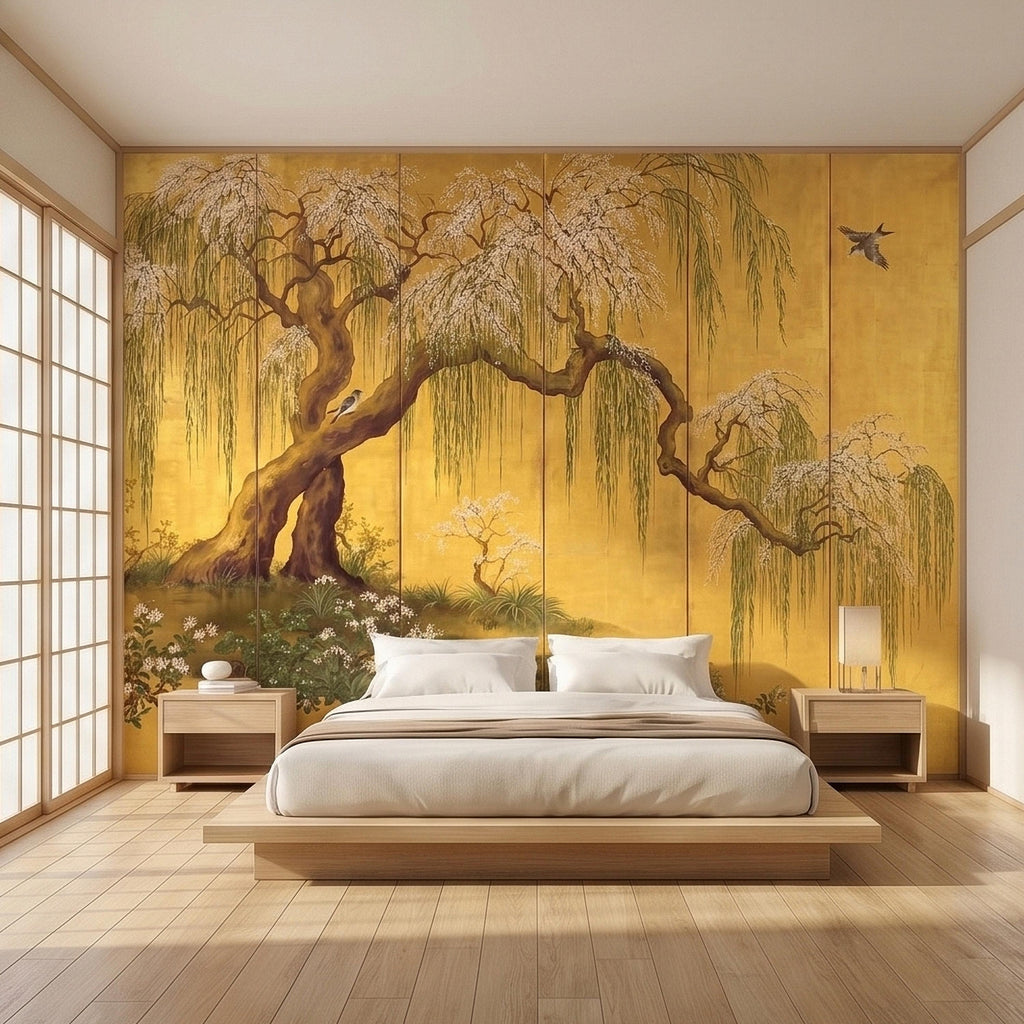 Willow Tree and Cherry Blossoms Peel and Stick Wall Mural, Vintage Asian Birds Landscape, Traditional Byobu Style Art Wallpaper