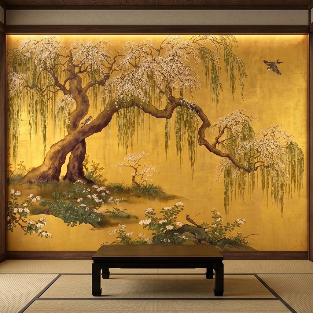 Willow Tree and Cherry Blossoms Peel and Stick Wall Mural, Vintage Asian Birds Landscape, Traditional Byobu Style Art Wallpaper