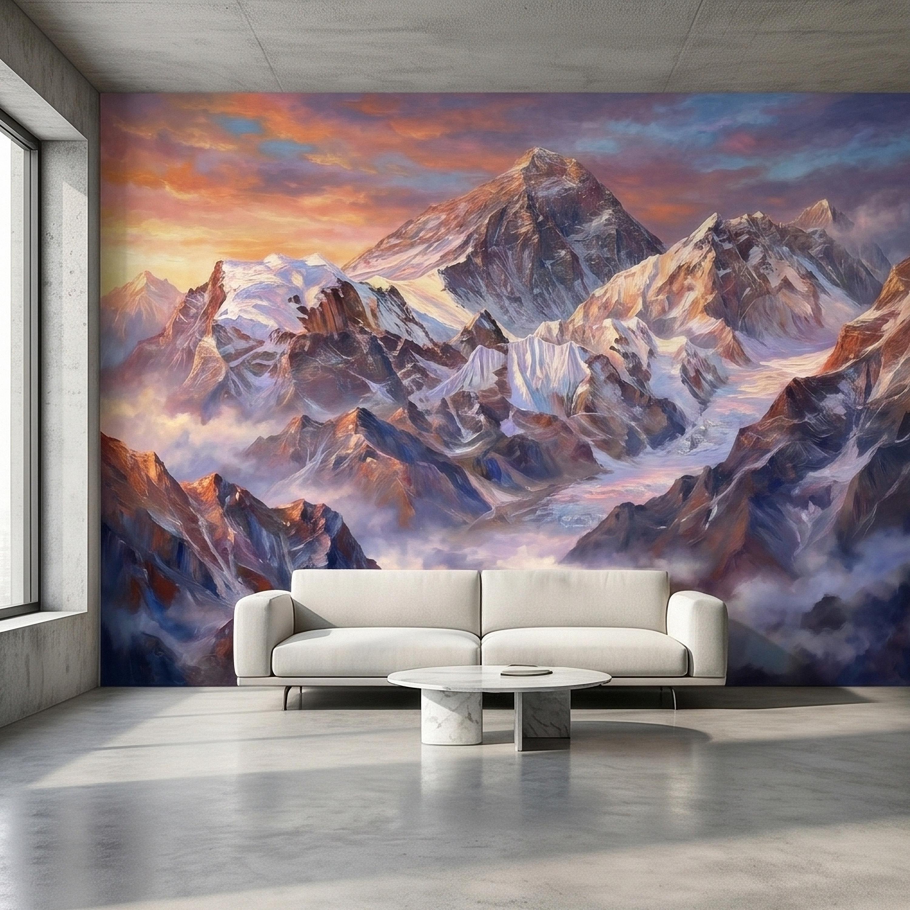 Sunset Snowy Mountain Peel and Stick Wall Mural, Colorful Himalayan Alpine Peaks Above Clouds, Pastel Sky Landscape Art Scenic Wallpaper