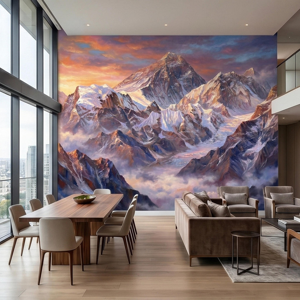 Sunset Snowy Mountain Peel and Stick Wall Mural, Colorful Himalayan Alpine Peaks Above Clouds, Pastel Sky Landscape Art Scenic Wallpaper