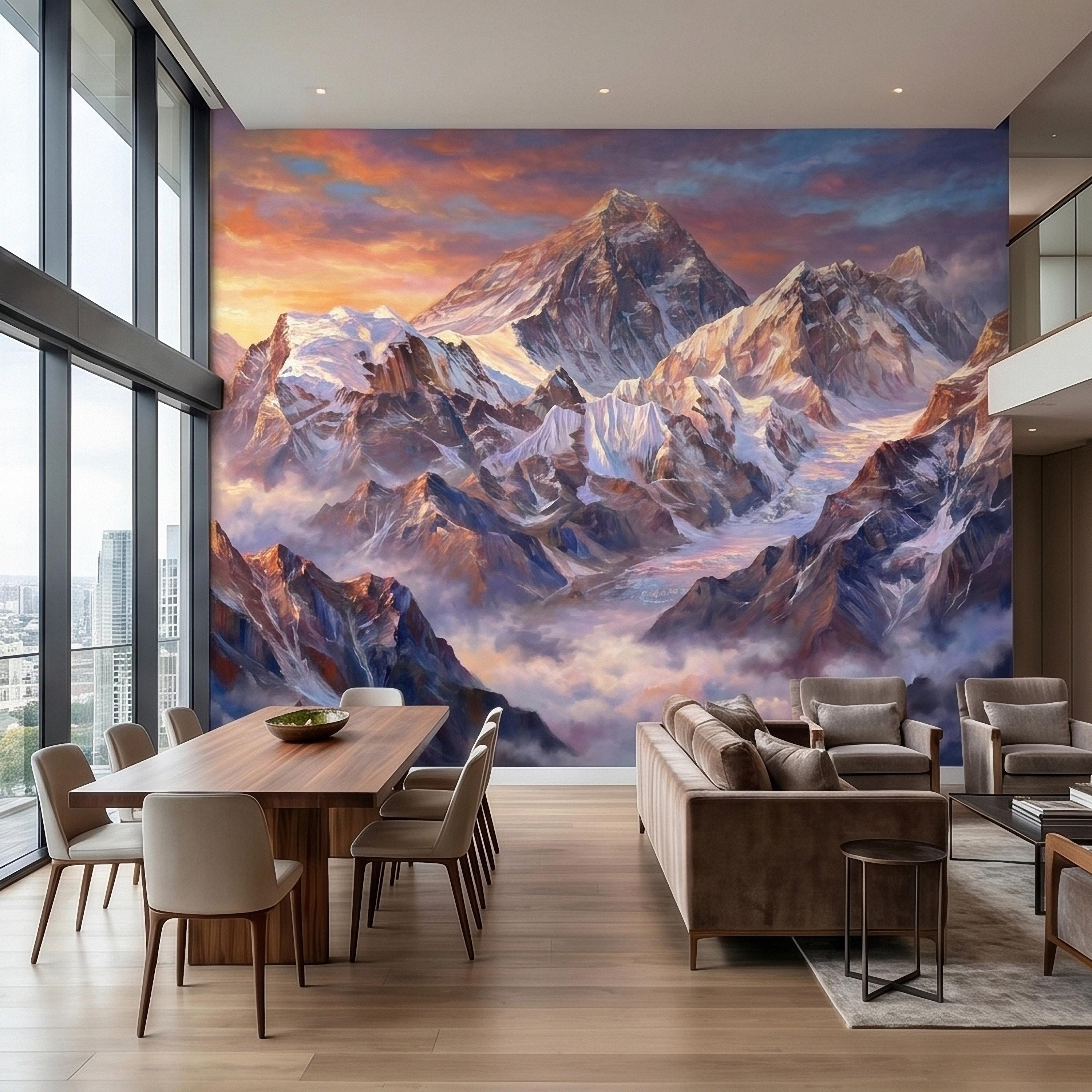 Sunset Snowy Mountain Peel and Stick Wall Mural, Colorful Himalayan Alpine Peaks Above Clouds, Pastel Sky Landscape Art Scenic Wallpaper