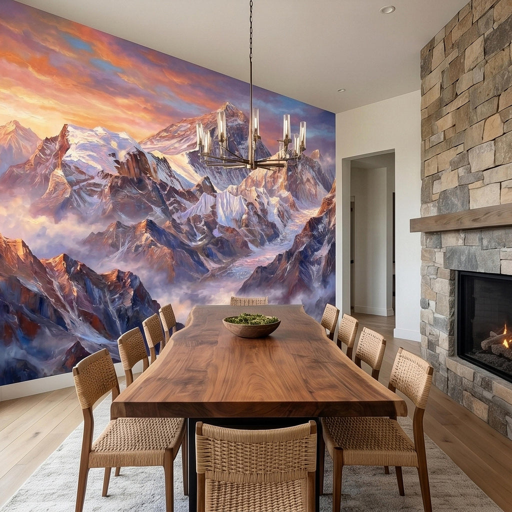 Sunset Snowy Mountain Peel and Stick Wall Mural, Colorful Himalayan Alpine Peaks Above Clouds, Pastel Sky Landscape Art Scenic Wallpaper