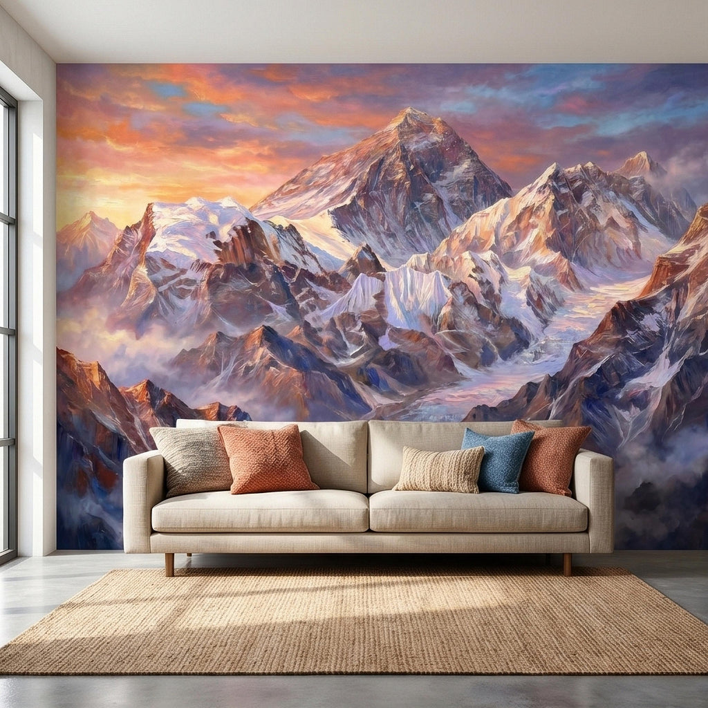 Sunset Snowy Mountain Peel and Stick Wall Mural, Colorful Himalayan Alpine Peaks Above Clouds, Pastel Sky Landscape Art Scenic Wallpaper