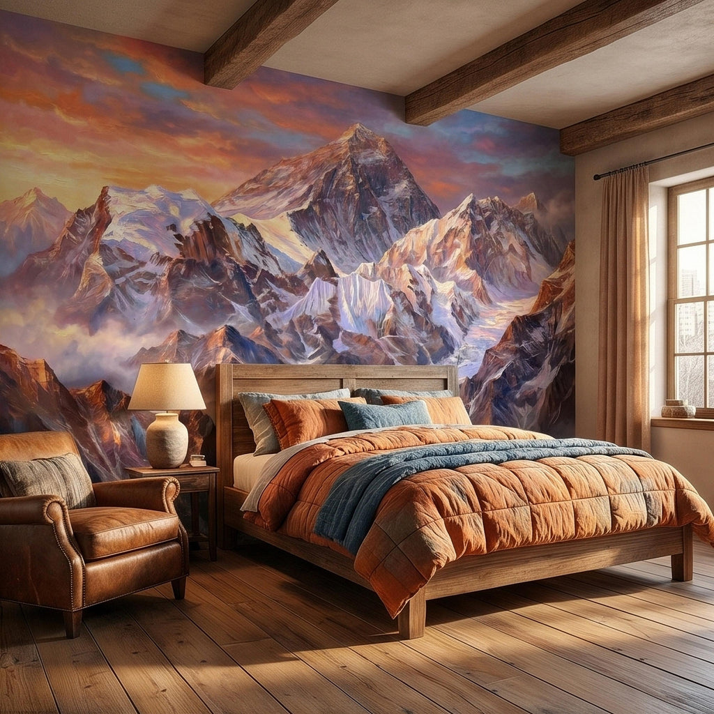 Sunset Snowy Mountain Peel and Stick Wall Mural, Colorful Himalayan Alpine Peaks Above Clouds, Pastel Sky Landscape Art Scenic Wallpaper