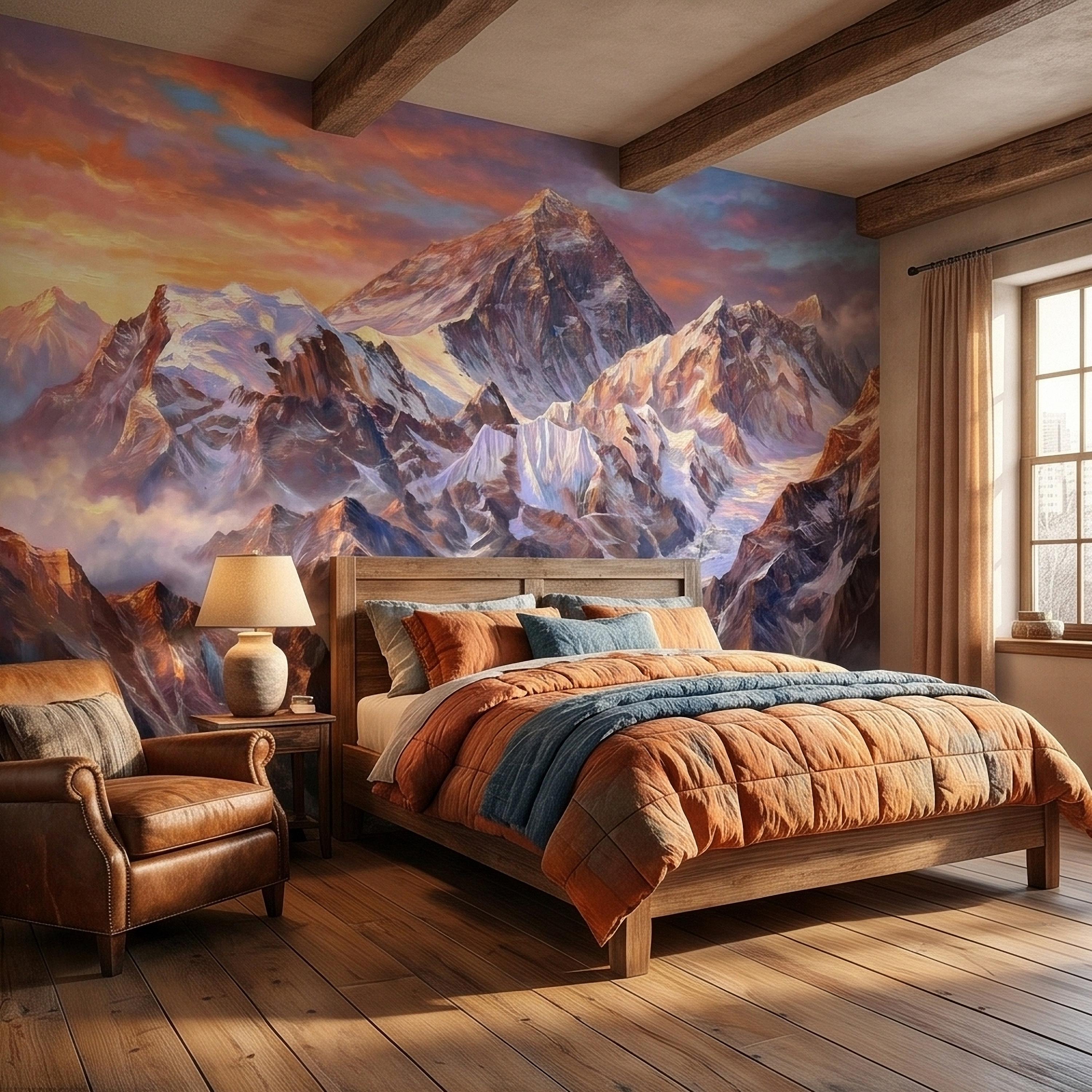Sunset Snowy Mountain Peel and Stick Wall Mural, Colorful Himalayan Alpine Peaks Above Clouds, Pastel Sky Landscape Art Scenic Wallpaper