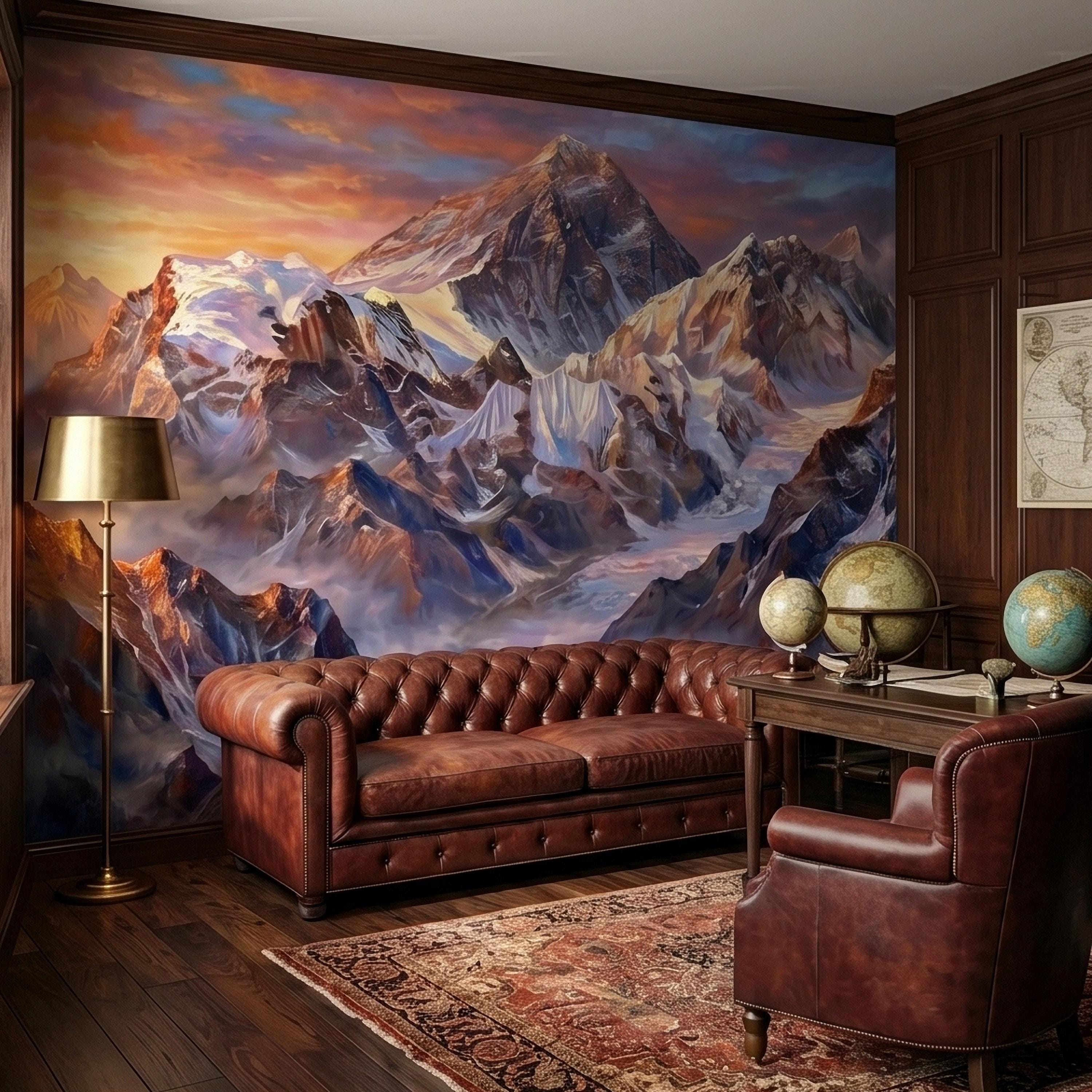 Sunset Snowy Mountain Peel and Stick Wall Mural, Colorful Himalayan Alpine Peaks Above Clouds, Pastel Sky Landscape Art Scenic Wallpaper