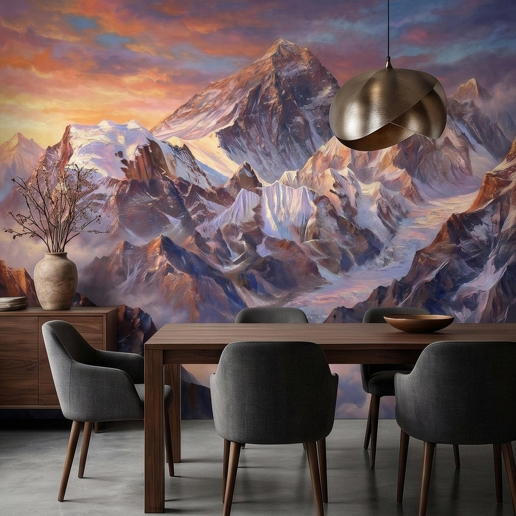 Sunset Snowy Mountain Peel and Stick Wall Mural, Colorful Himalayan Alpine Peaks Above Clouds, Pastel Sky Landscape Art Scenic Wallpaper