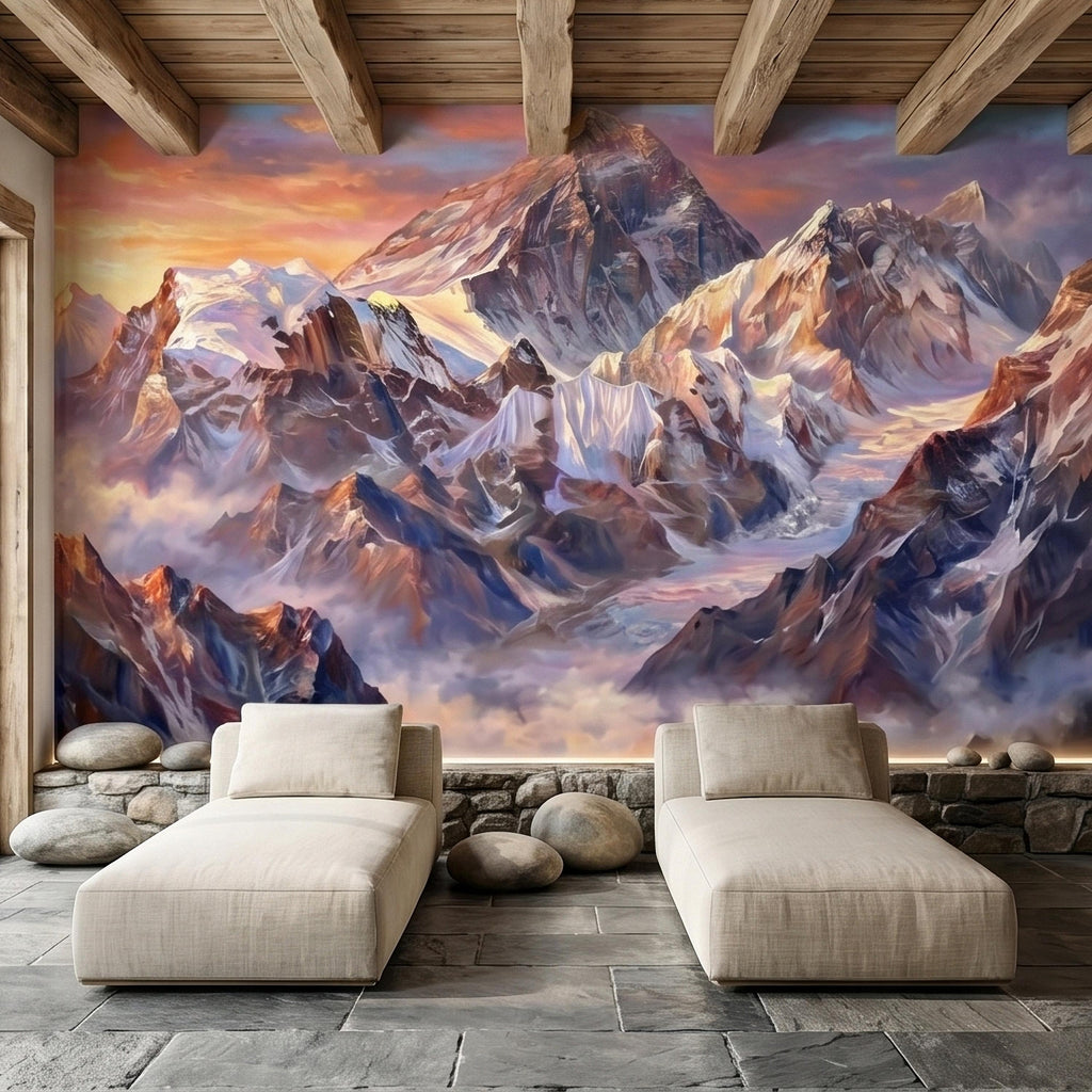 Sunset Snowy Mountain Peel and Stick Wall Mural, Colorful Himalayan Alpine Peaks Above Clouds, Pastel Sky Landscape Art Scenic Wallpaper