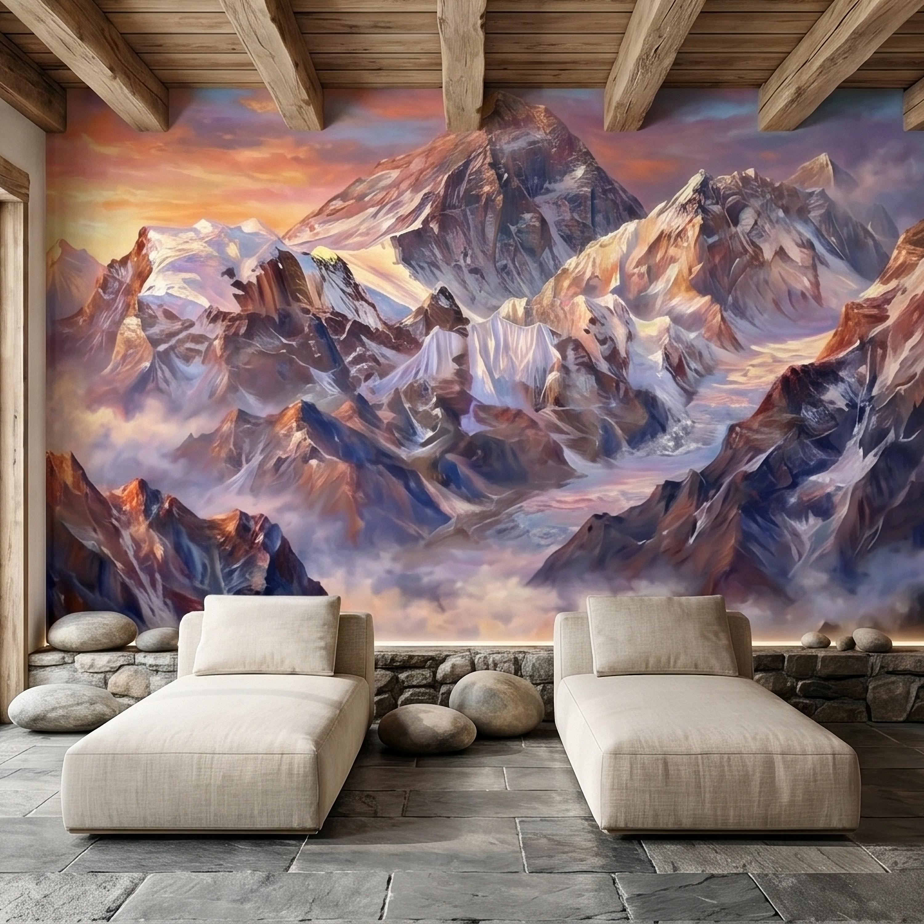 Sunset Snowy Mountain Peel and Stick Wall Mural, Colorful Himalayan Alpine Peaks Above Clouds, Pastel Sky Landscape Art Scenic Wallpaper