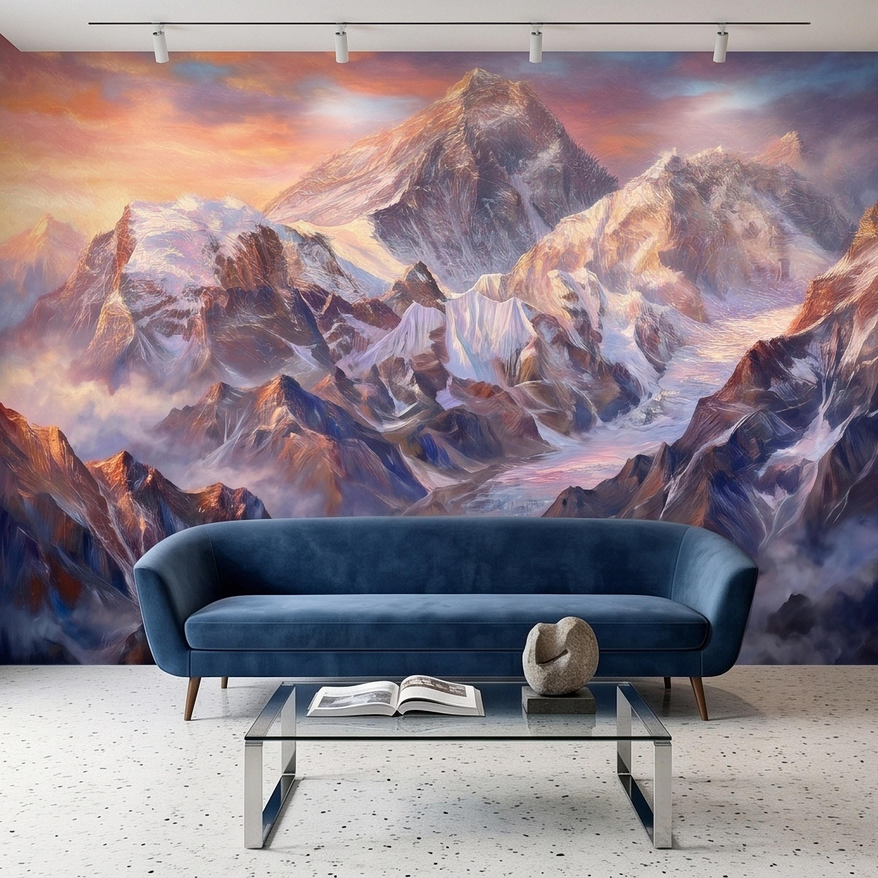 Sunset Snowy Mountain Peel and Stick Wall Mural, Colorful Himalayan Alpine Peaks Above Clouds, Pastel Sky Landscape Art Scenic Wallpaper