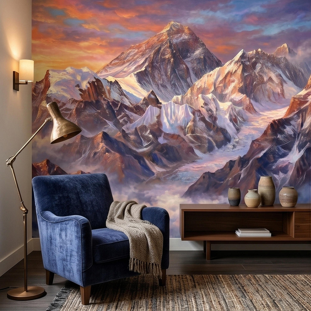Sunset Snowy Mountain Peel and Stick Wall Mural, Colorful Himalayan Alpine Peaks Above Clouds, Pastel Sky Landscape Art Scenic Wallpaper
