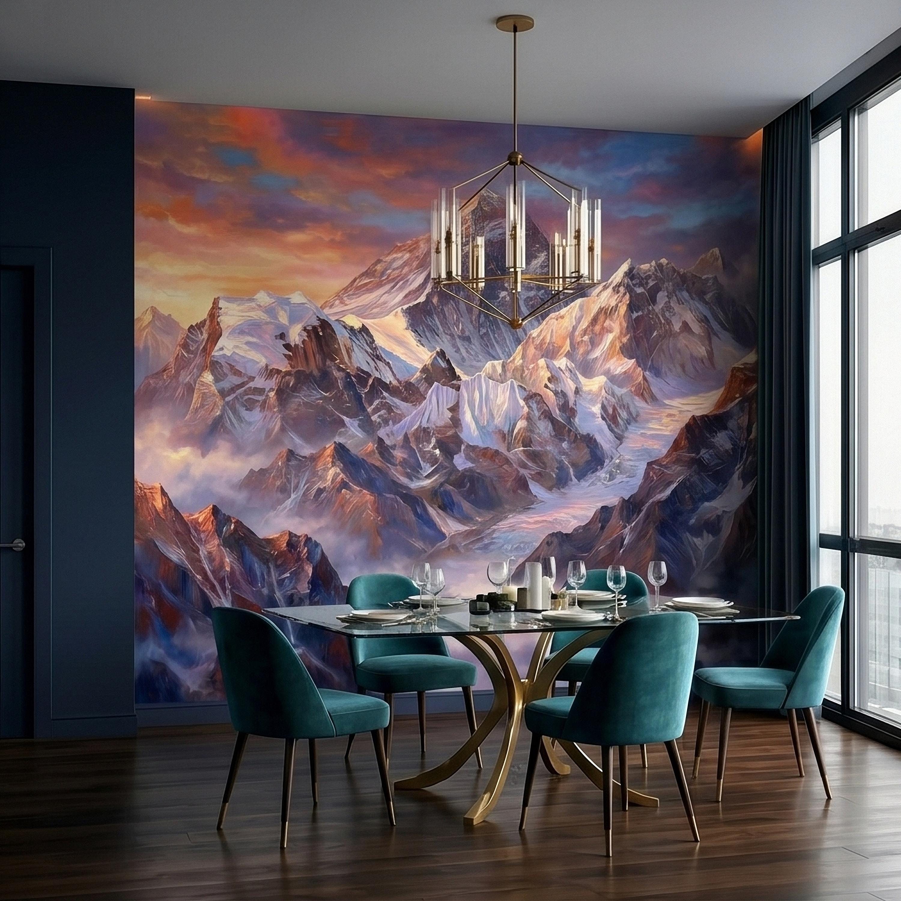 Sunset Snowy Mountain Peel and Stick Wall Mural, Colorful Himalayan Alpine Peaks Above Clouds, Pastel Sky Landscape Art Scenic Wallpaper
