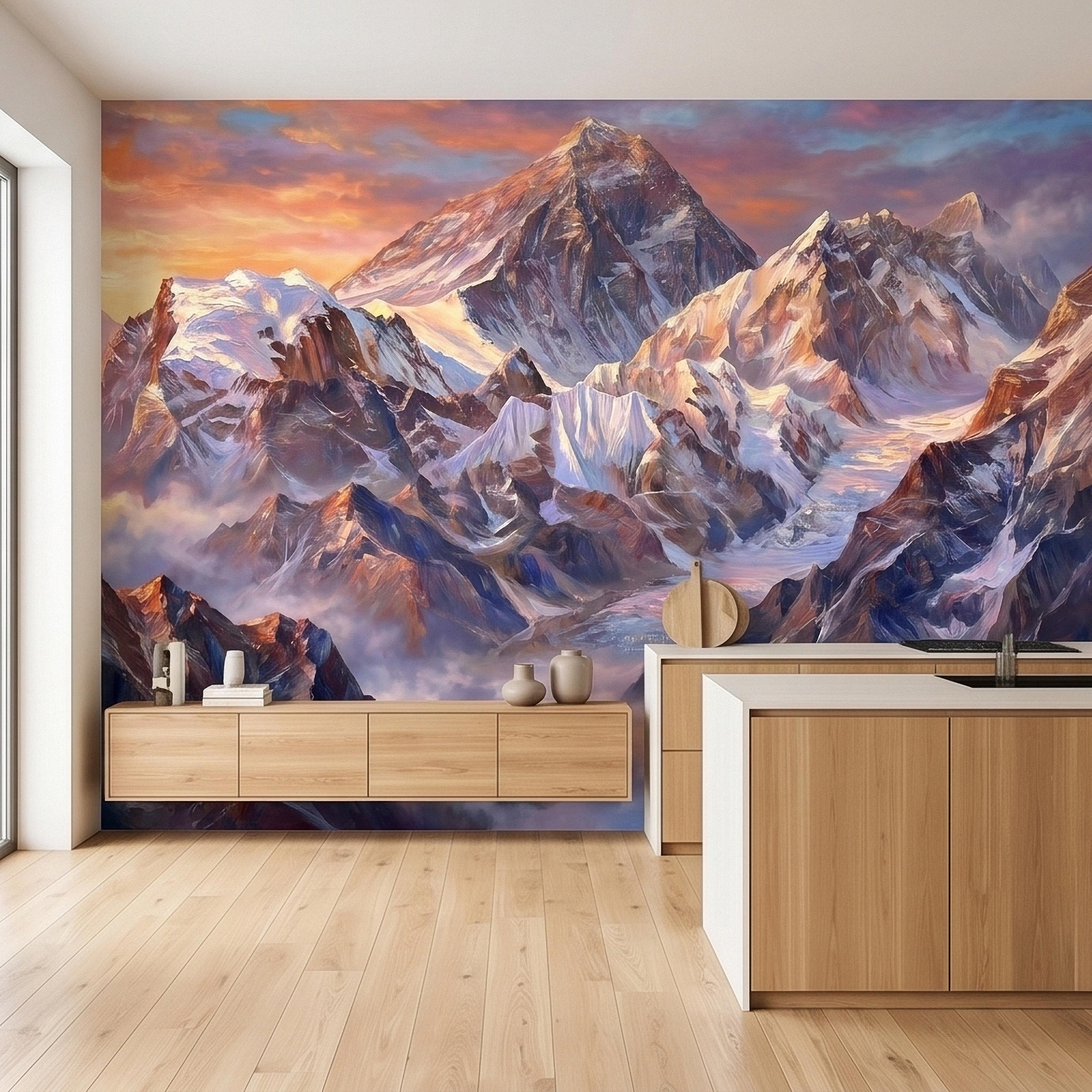 Sunset Snowy Mountain Peel and Stick Wall Mural, Colorful Himalayan Alpine Peaks Above Clouds, Pastel Sky Landscape Art Scenic Wallpaper