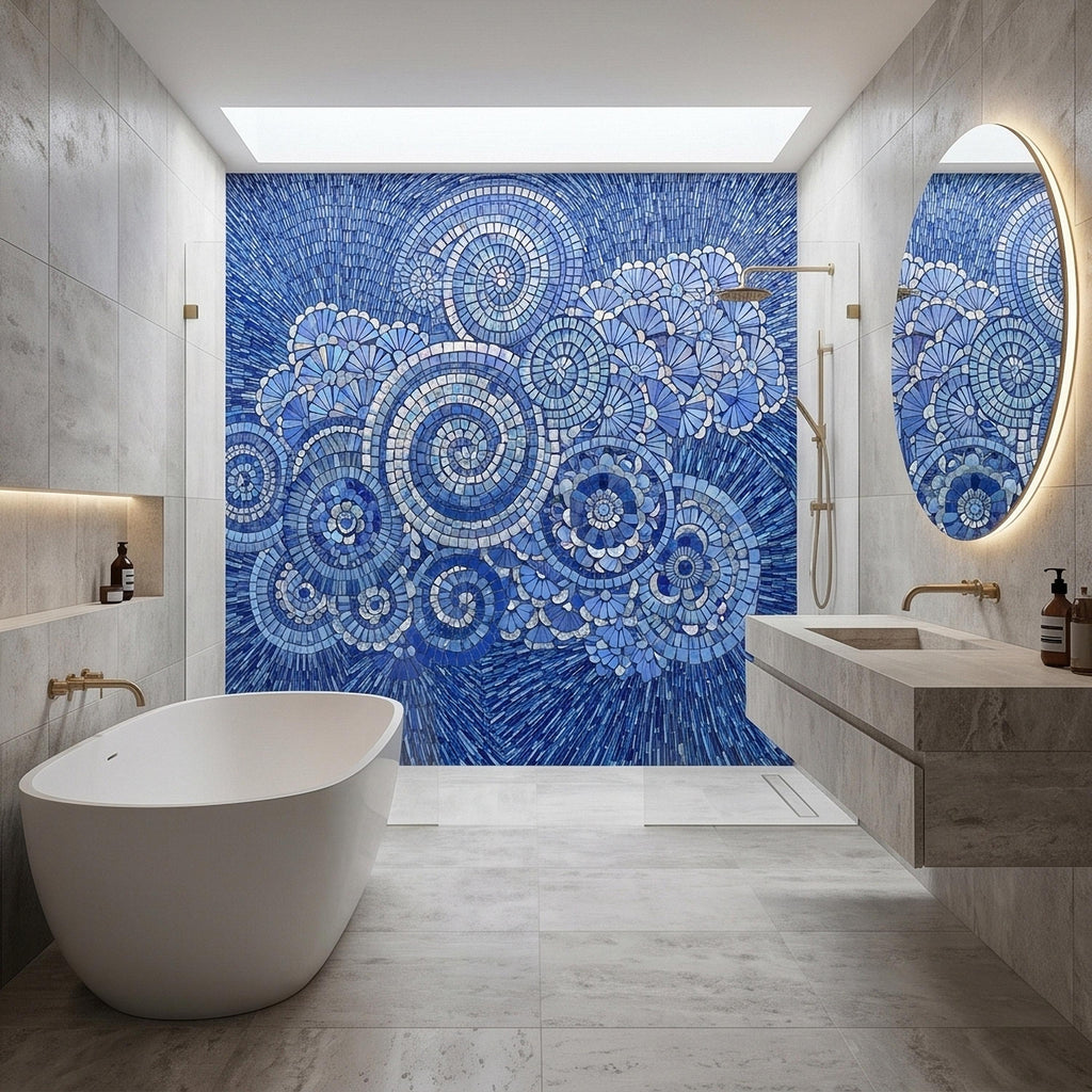 Blue and White Mosaic Floral Spiral Peel and Stick Wall Mural, Iridescent Tile Mandala Circles, Abstract Art Glass Ocean Pattern Wallpaper