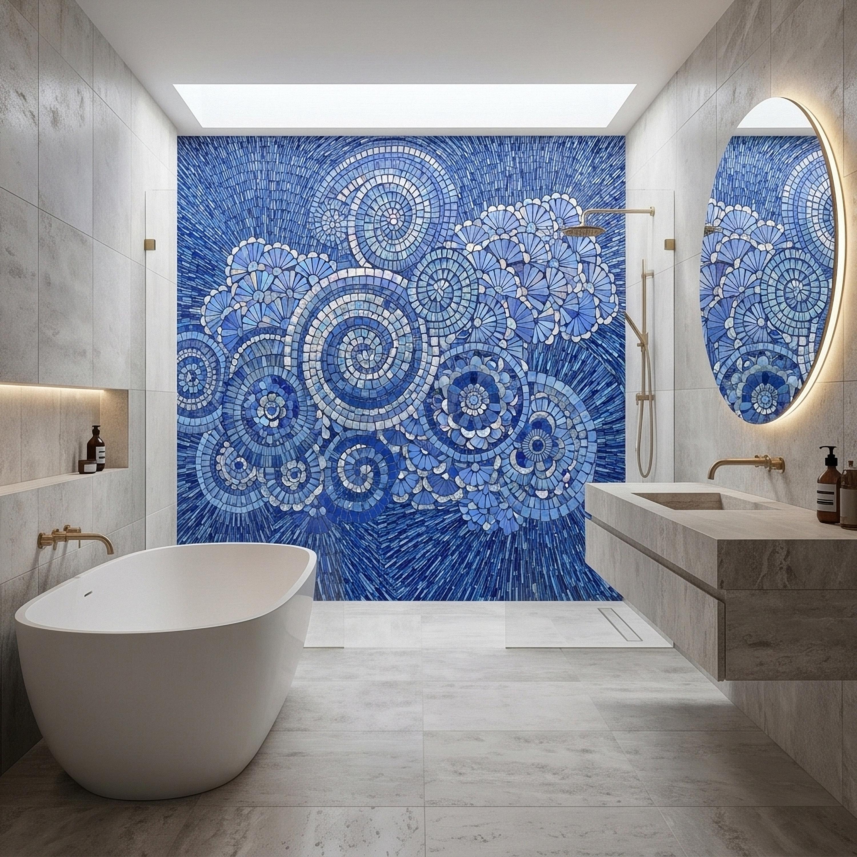 Blue and White Mosaic Floral Spiral Peel and Stick Wall Mural, Iridescent Tile Mandala Circles, Abstract Art Glass Ocean Pattern Wallpaper