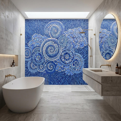 Blue and White Mosaic Floral Spiral Peel and Stick Wall Mural, Iridescent Tile Mandala Circles, Abstract Art Glass Ocean Pattern Wallpaper - The Fine Art Murals