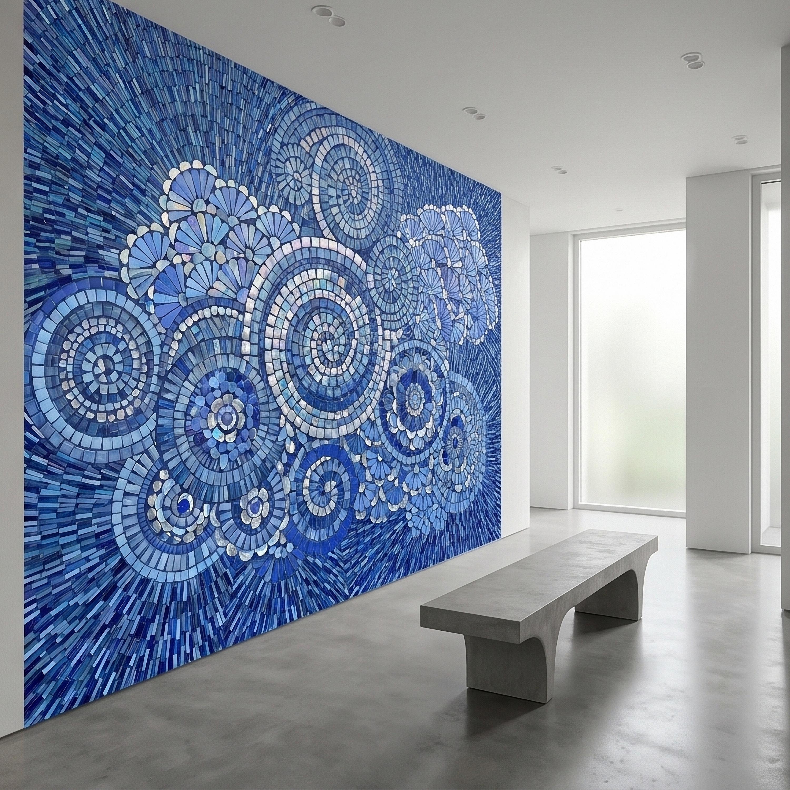 Blue and White Mosaic Floral Spiral Peel and Stick Wall Mural, Iridescent Tile Mandala Circles, Abstract Art Glass Ocean Pattern Wallpaper