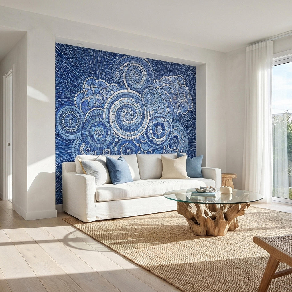 Blue and White Mosaic Floral Spiral Peel and Stick Wall Mural, Iridescent Tile Mandala Circles, Abstract Art Glass Ocean Pattern Wallpaper