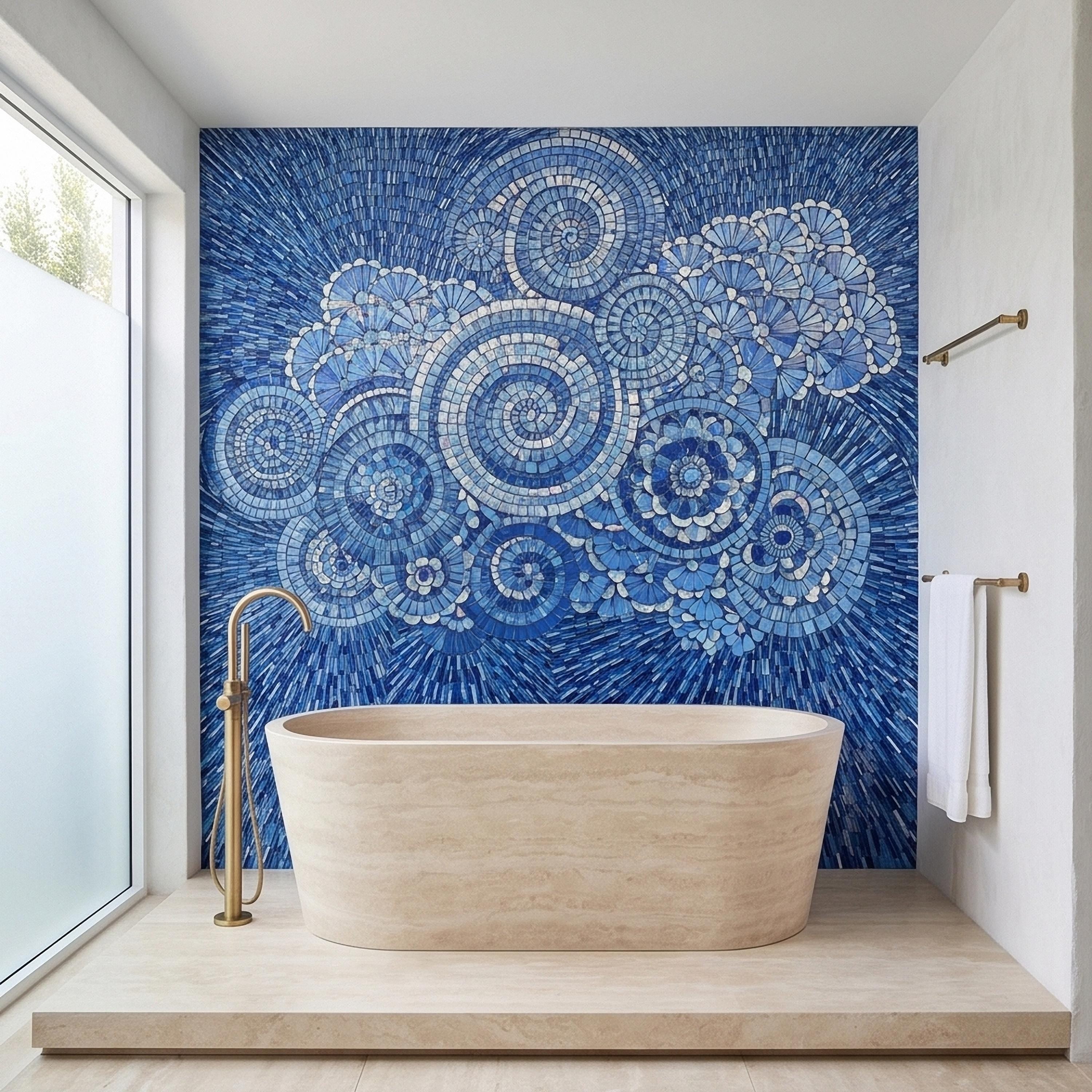 Blue and White Mosaic Floral Spiral Peel and Stick Wall Mural, Iridescent Tile Mandala Circles, Abstract Art Glass Ocean Pattern Wallpaper