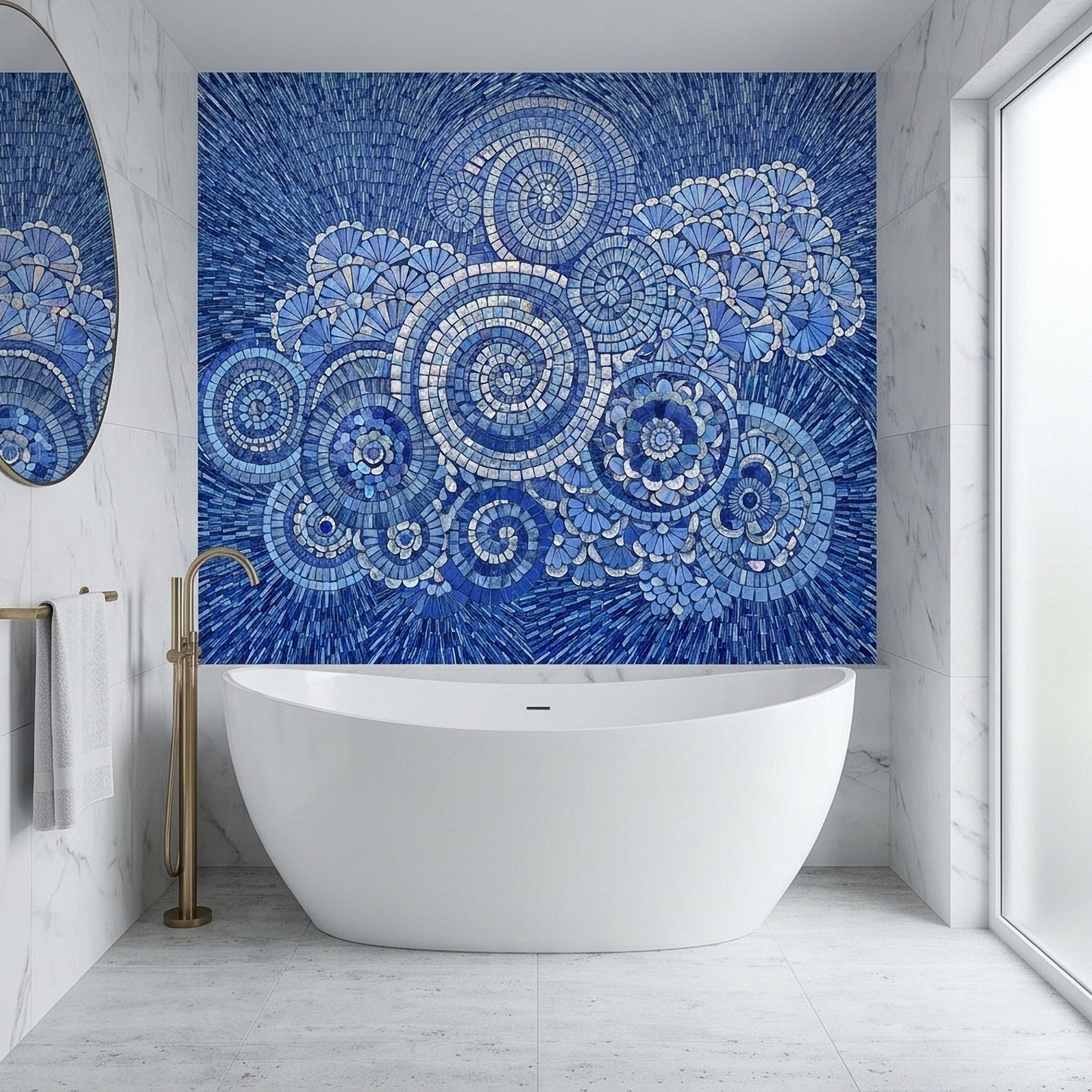Blue and White Mosaic Floral Spiral Peel and Stick Wall Mural, Iridescent Tile Mandala Circles, Abstract Art Glass Ocean Pattern Wallpaper