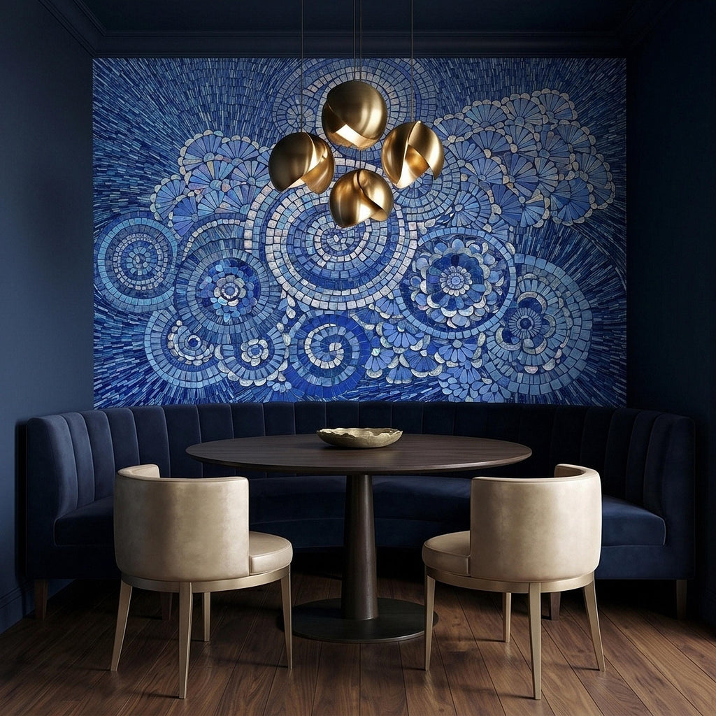 Blue and White Mosaic Floral Spiral Peel and Stick Wall Mural, Iridescent Tile Mandala Circles, Abstract Art Glass Ocean Pattern Wallpaper